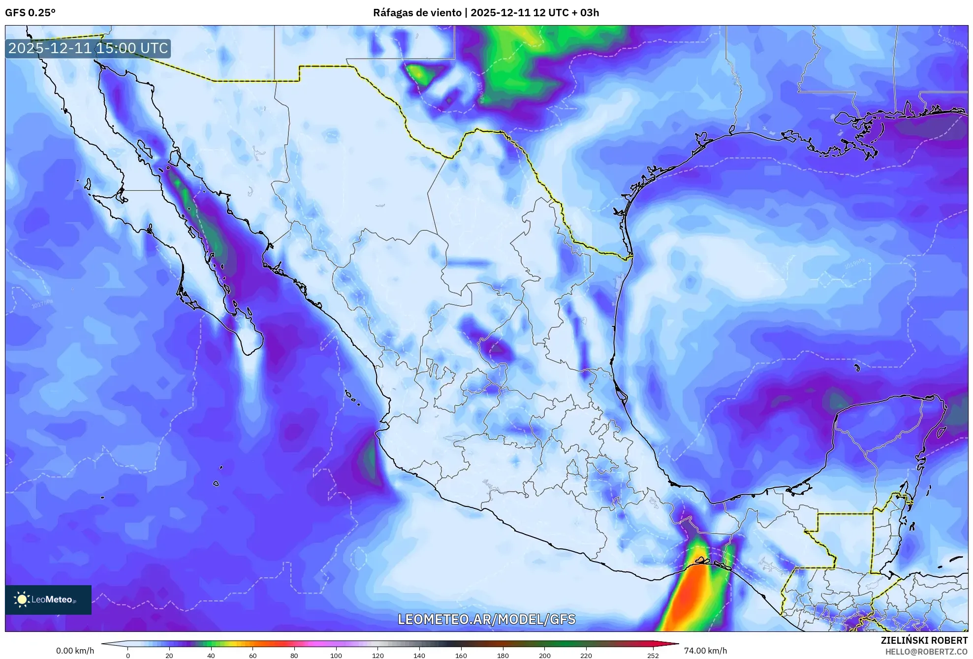 GFS model - México, Ráfagas de viento