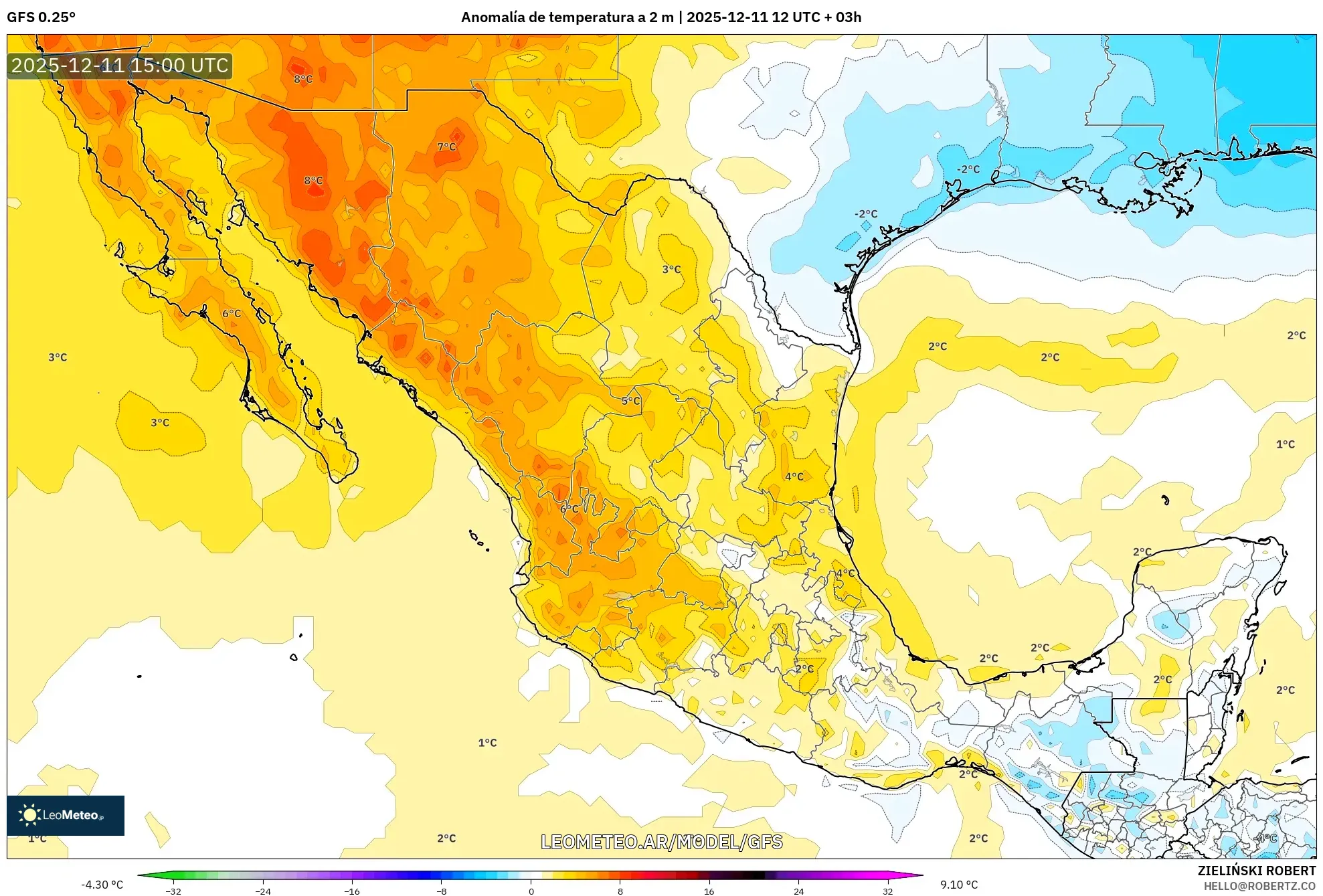 GFS model - México, Anomalía de temperatura a 2 m