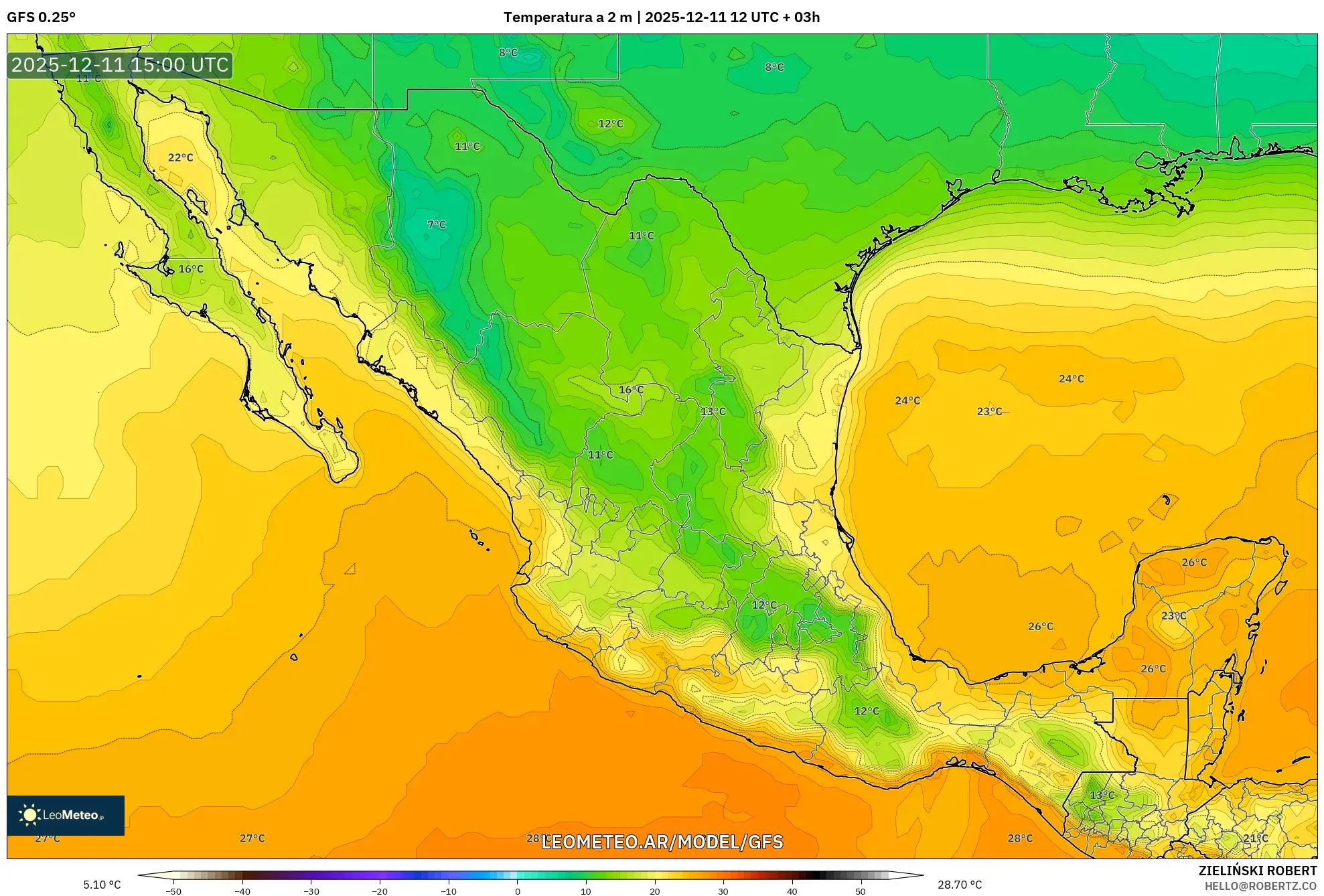 GFS model - México, Temperatura a 2 m