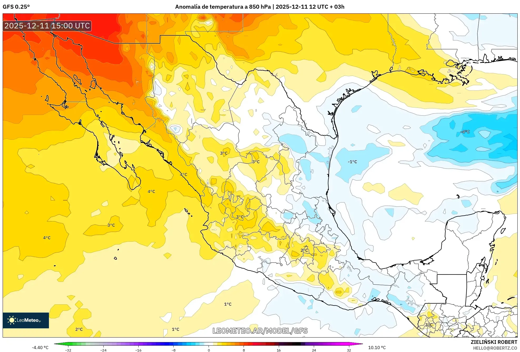 GFS model - México, Anomalía de temperatura a 850 hPa