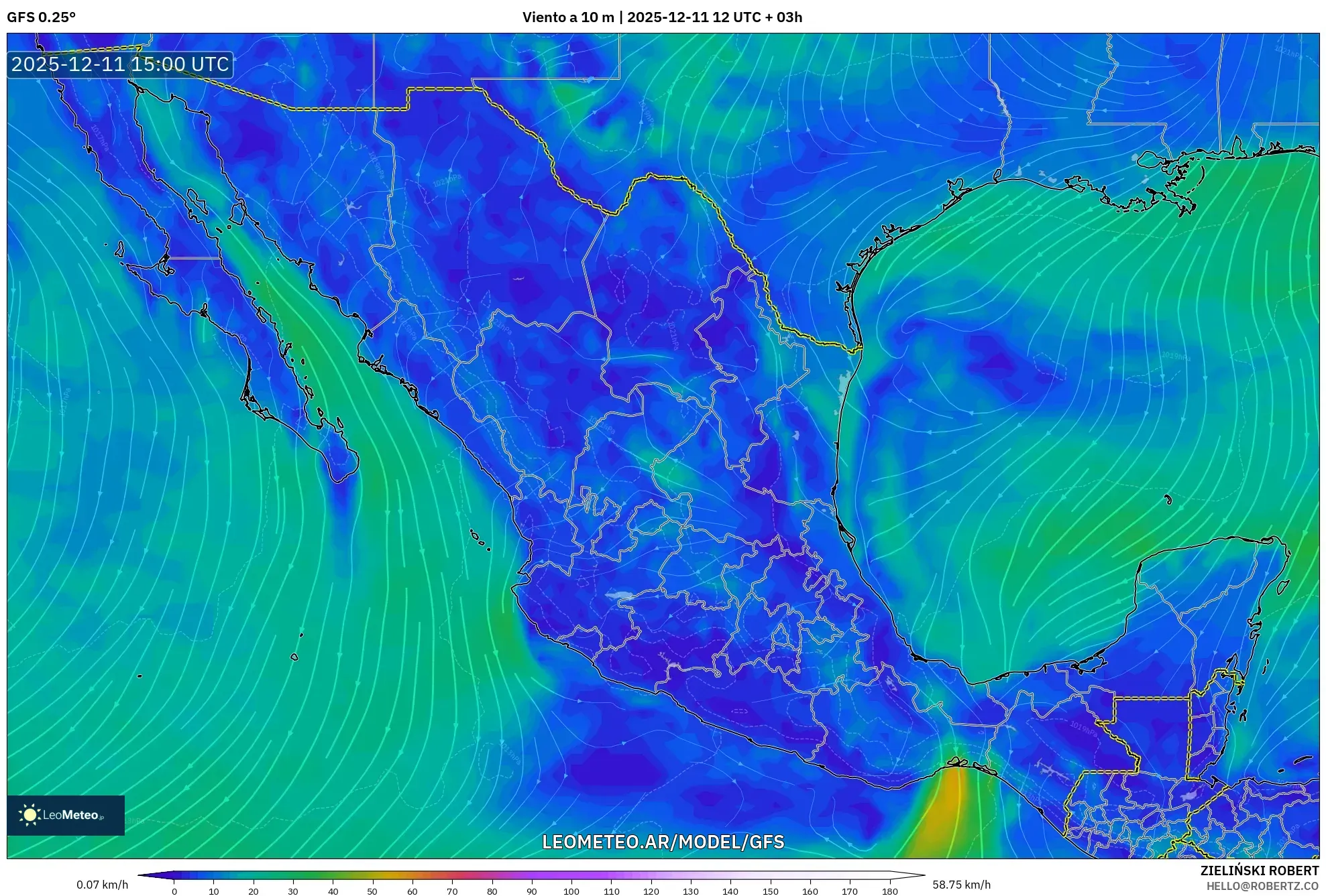 GFS model - México, Viento a 10 m
