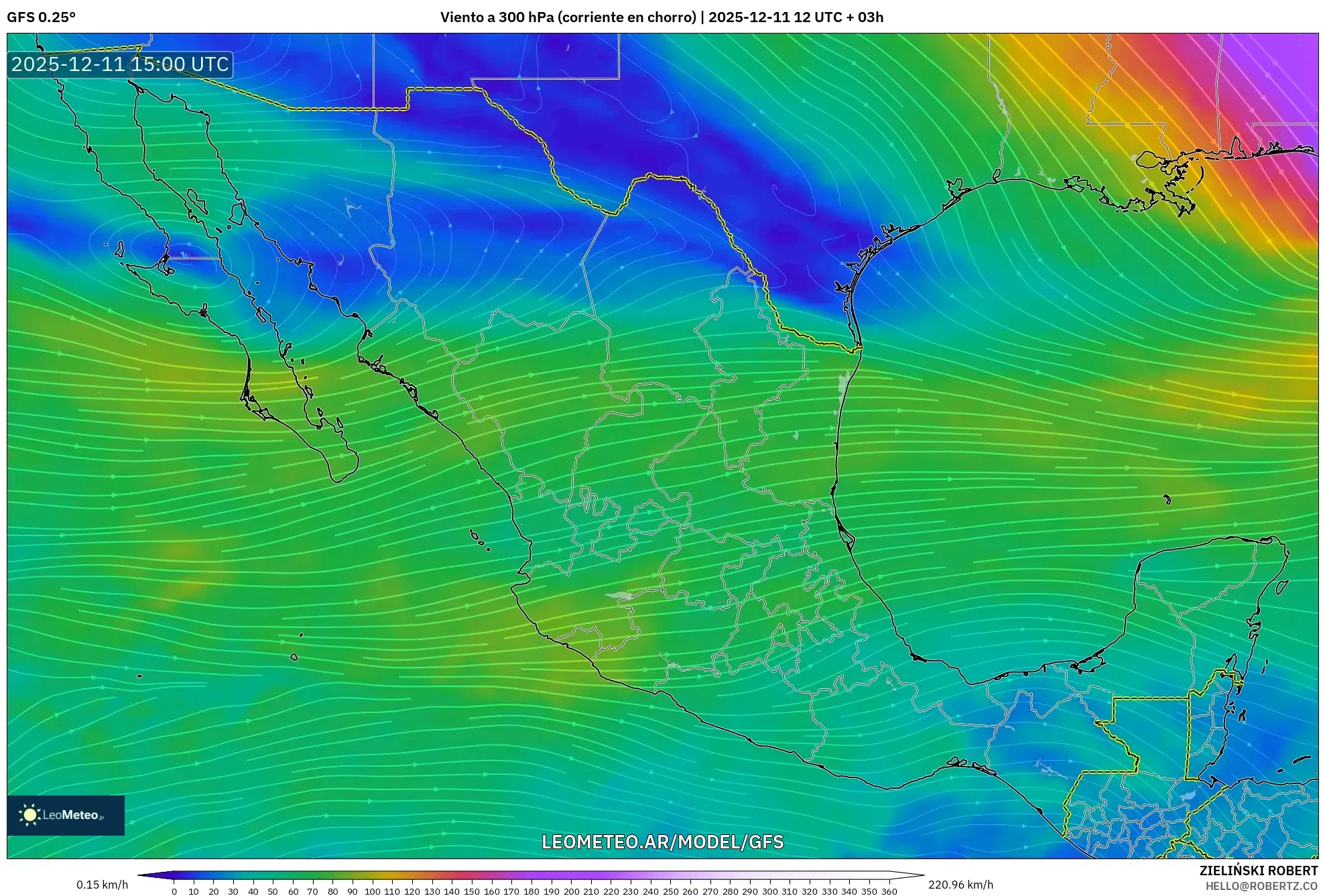 GFS model - México, Viento a 300 hPa (corriente en chorro)