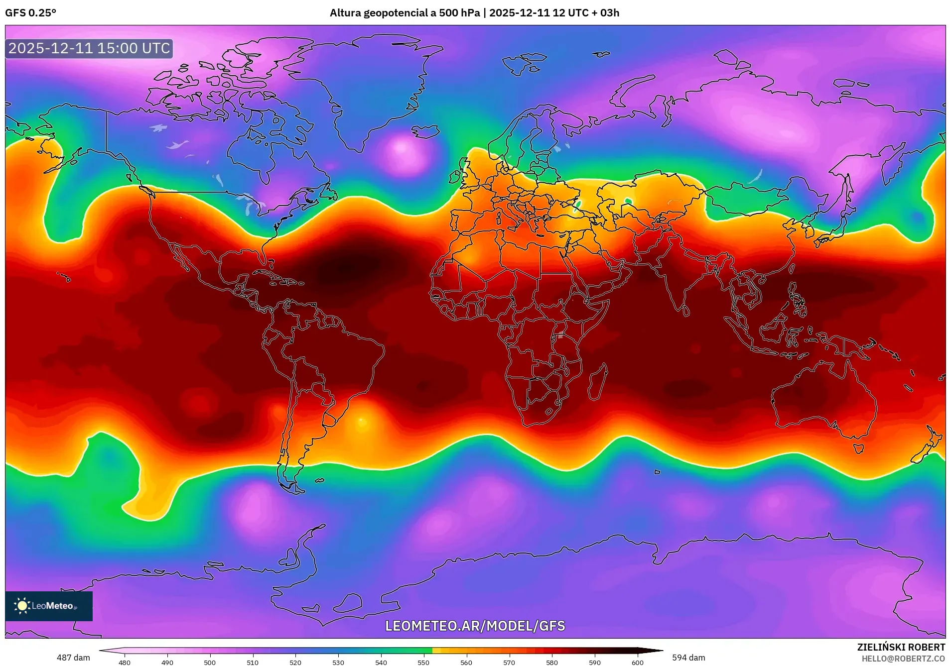 GFS model - Mundo, Altura geopotencial a 500 hPa