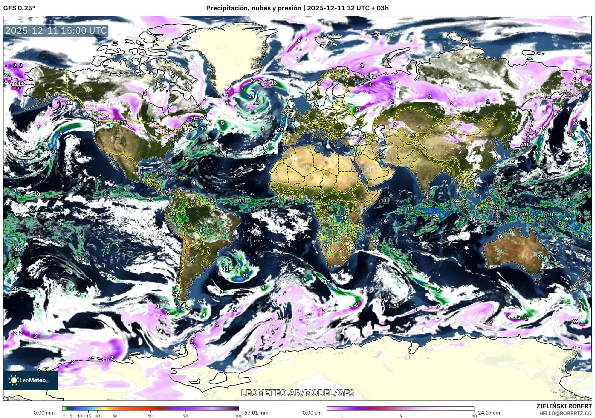 GFS model - Mundo, Precipitación, nubes y presión