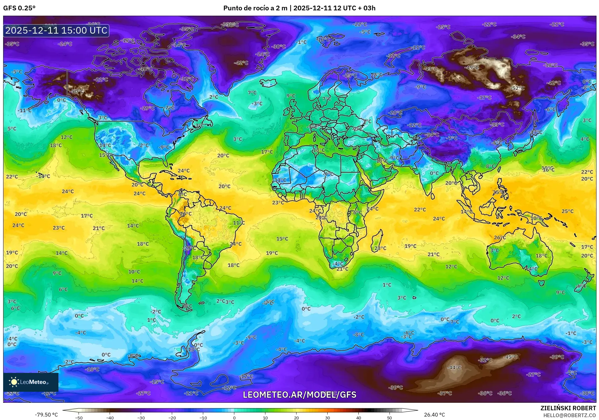 GFS model - Mundo, Punto de rocío a 2 m