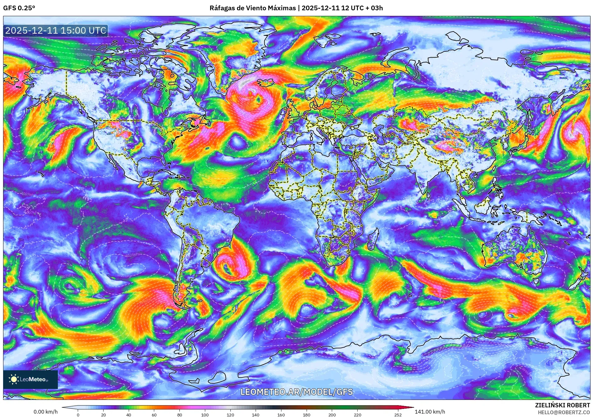GFS model - Mundo, Ráfagas de Viento Máximas