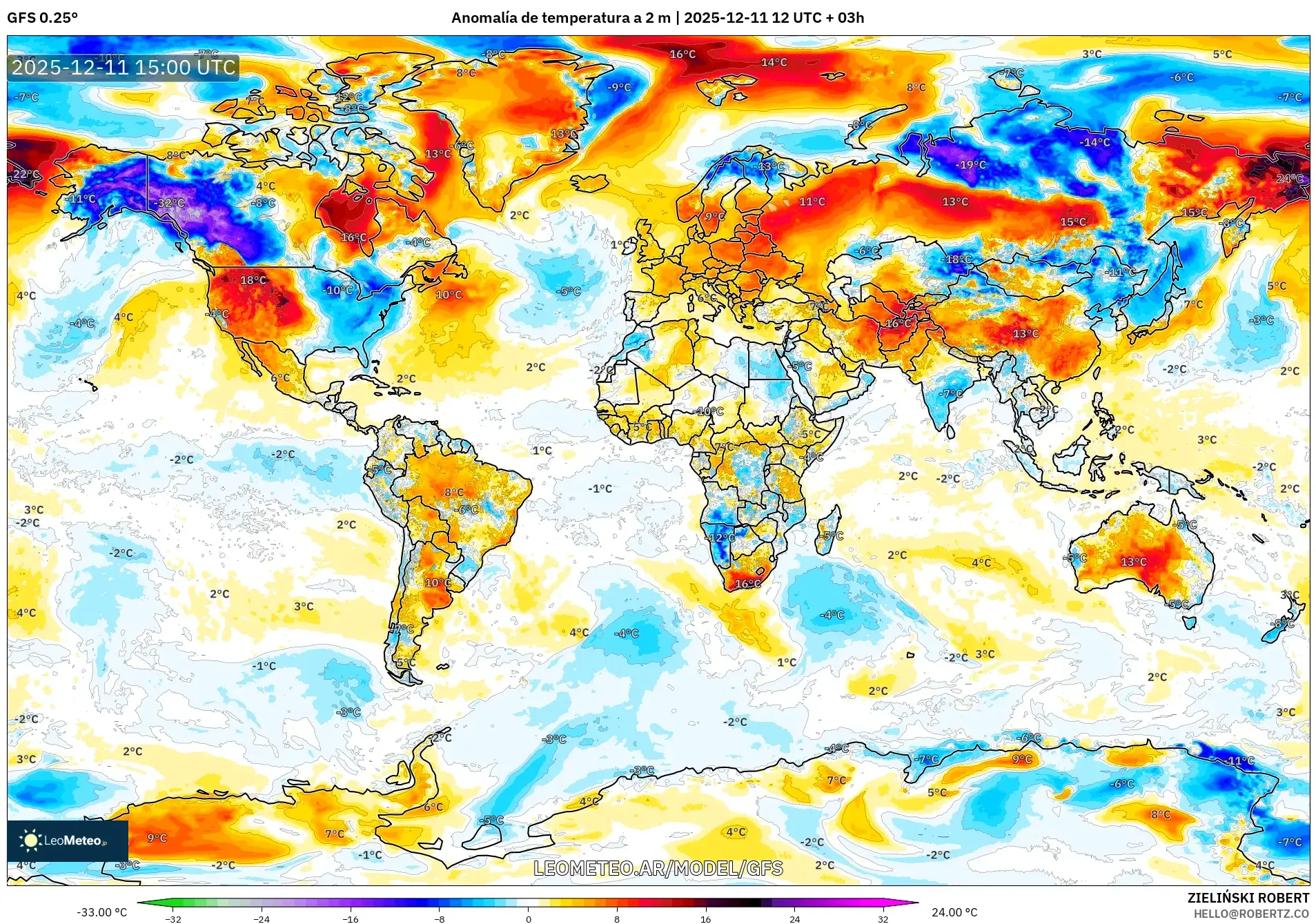 GFS model - Mundo, Anomalía de temperatura a 2 m