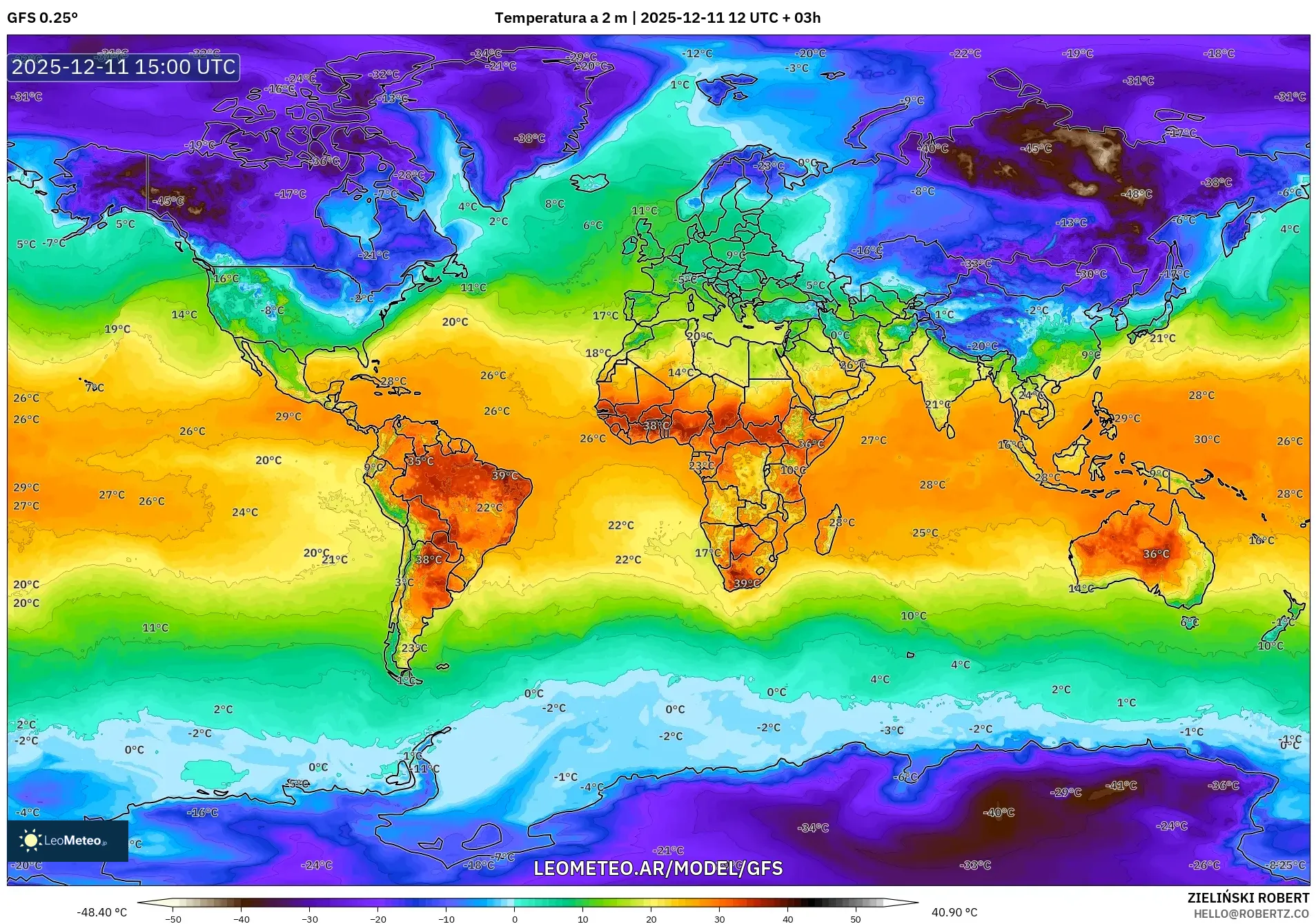 GFS model - Mundo, Temperatura a 2 m