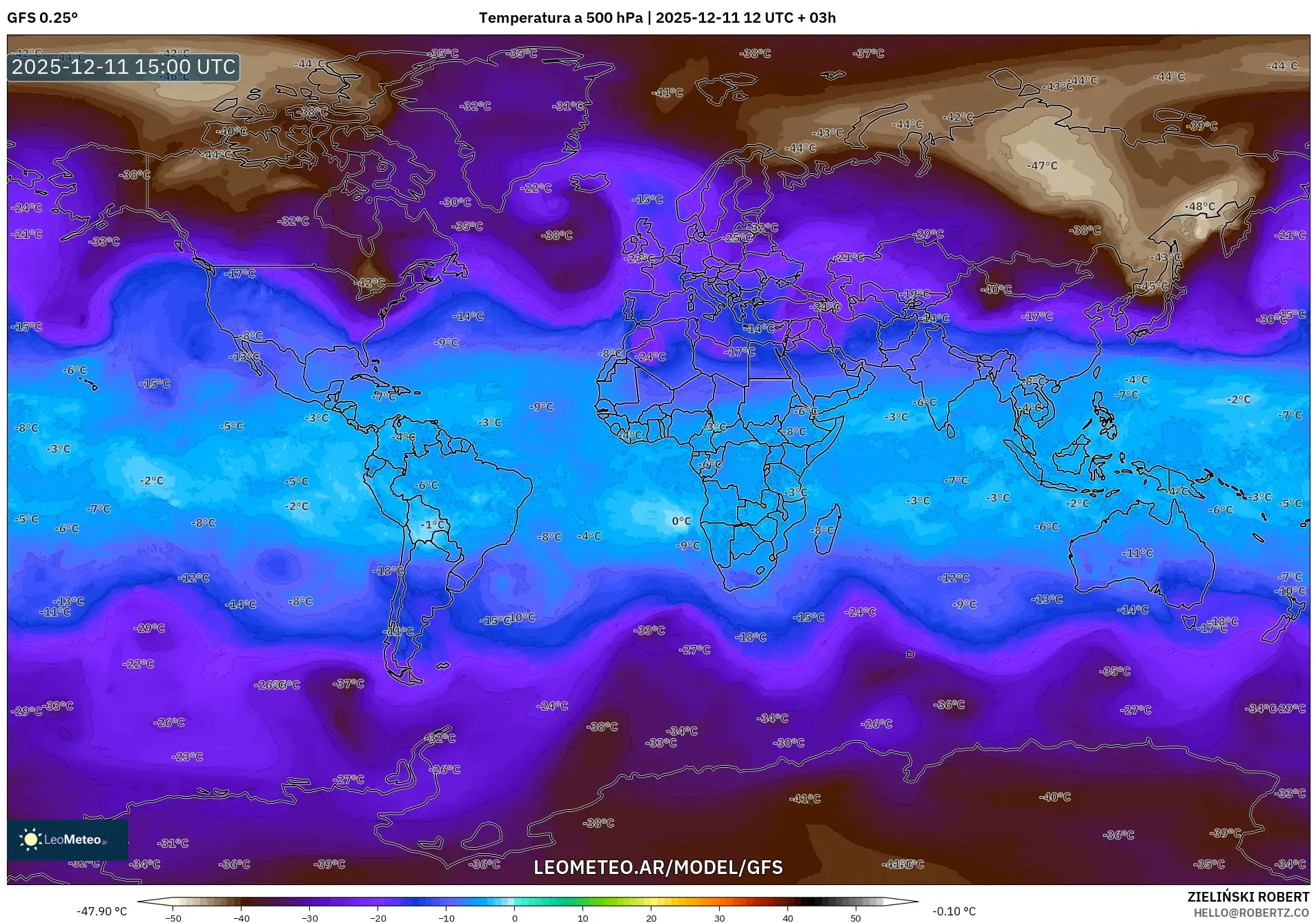 GFS model - Mundo, Temperatura a 500 hPa