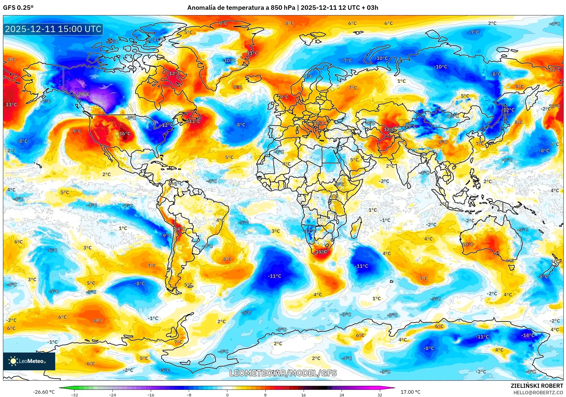GFS model - Mundo, Anomalía de temperatura a 850 hPa