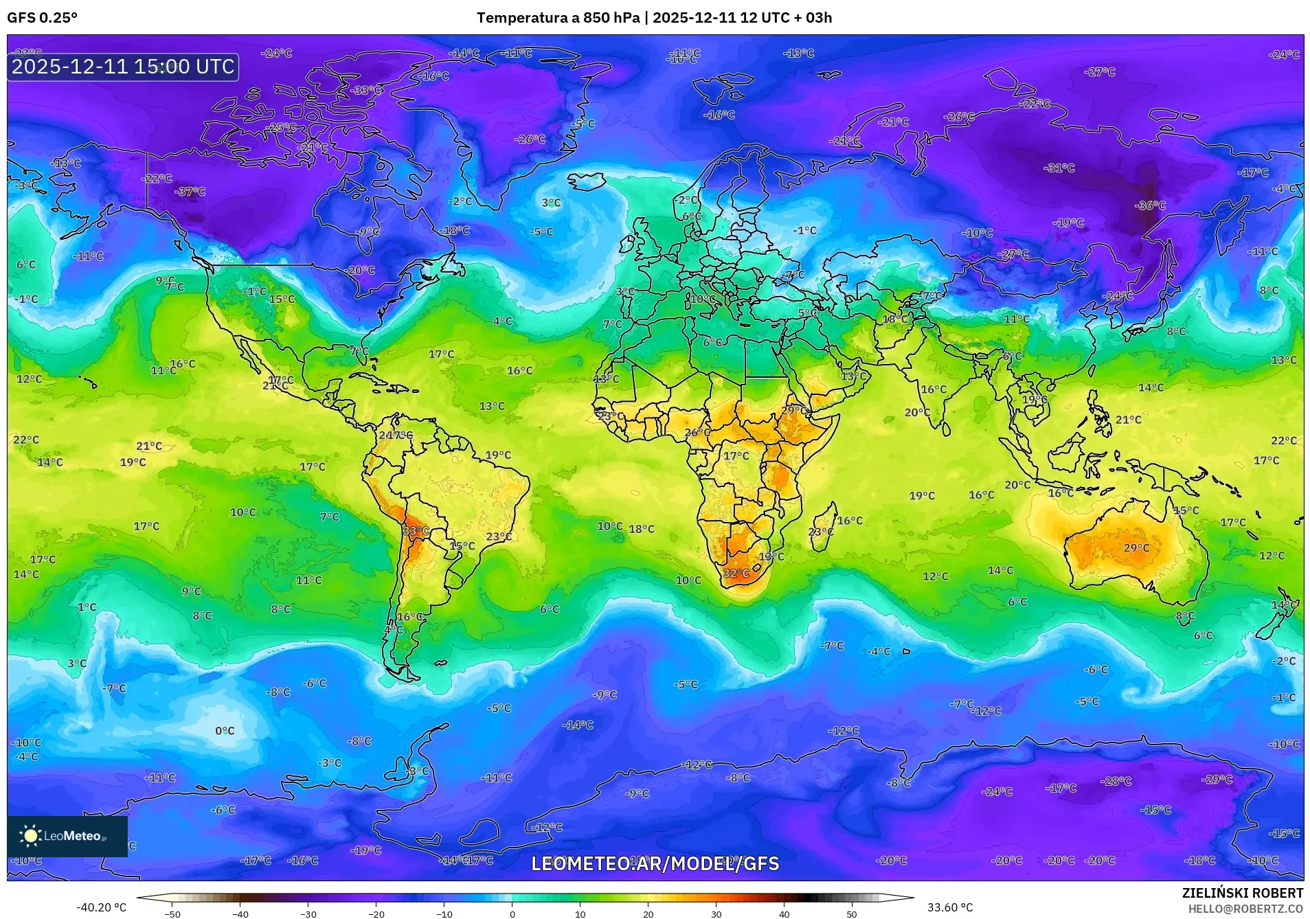 GFS model - Mundo, Temperatura a 850 hPa