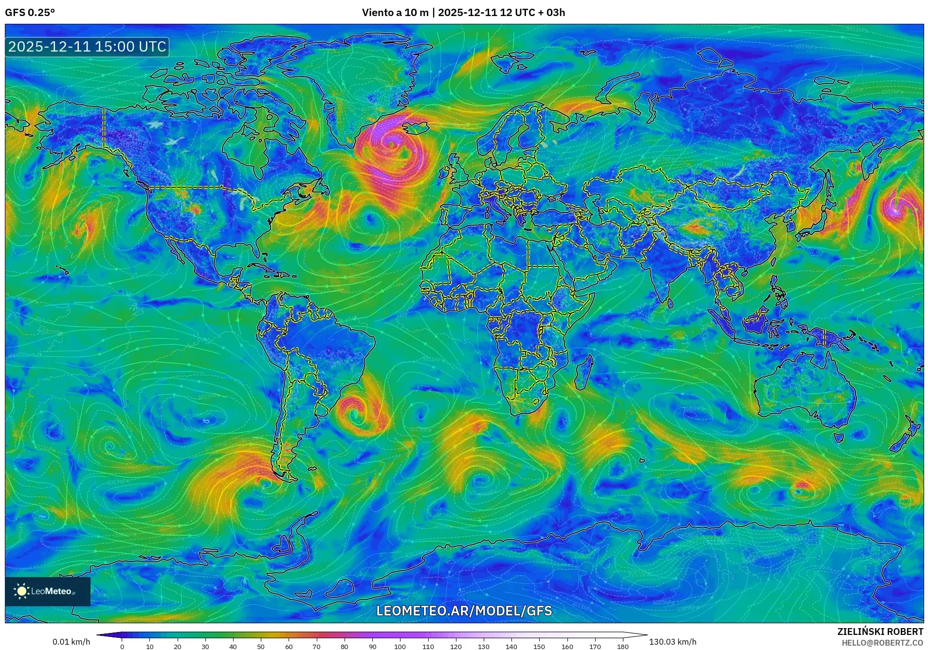 GFS model - Mundo, Viento a 10 m
