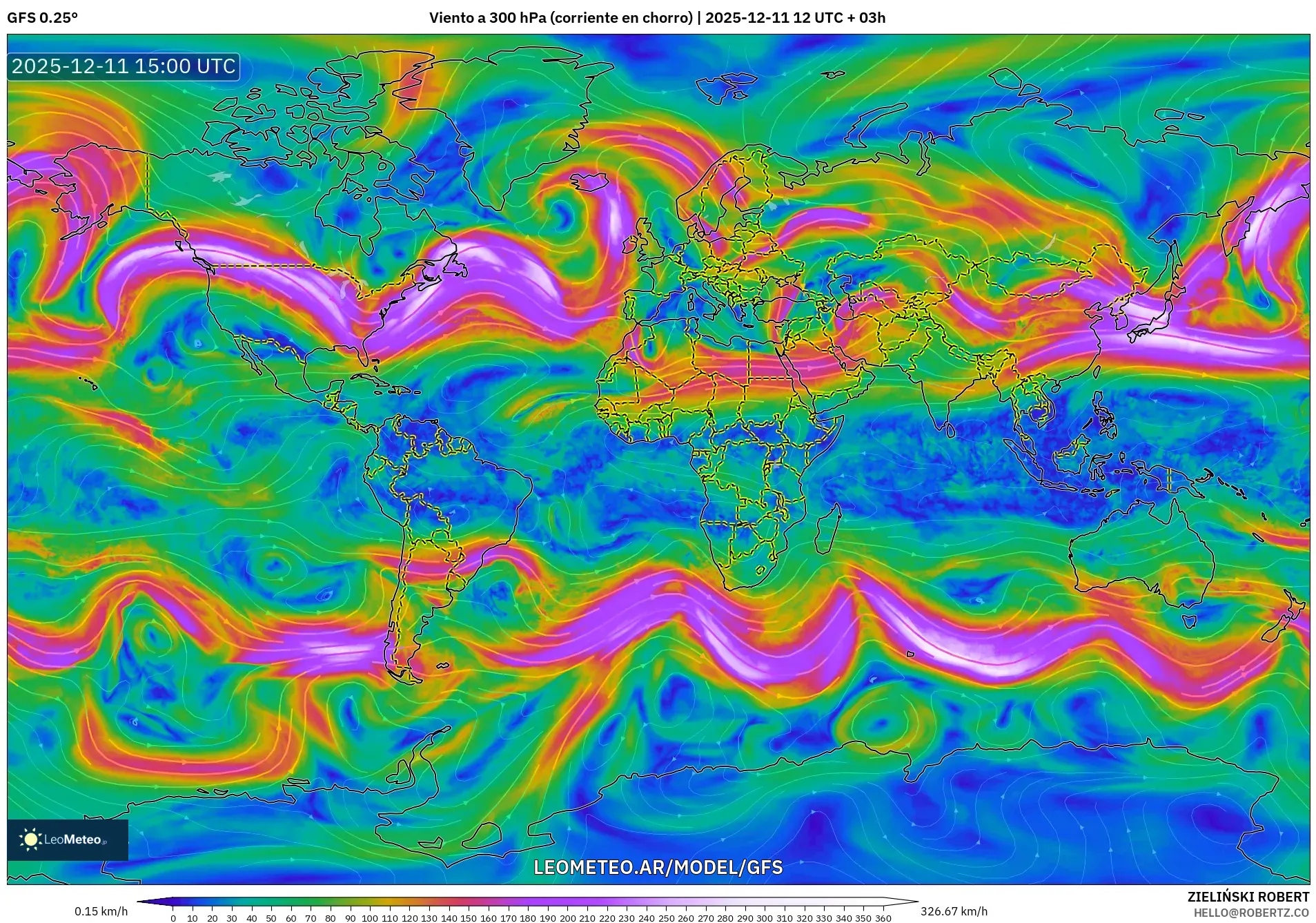 GFS model - Mundo, Viento a 300 hPa (corriente en chorro)