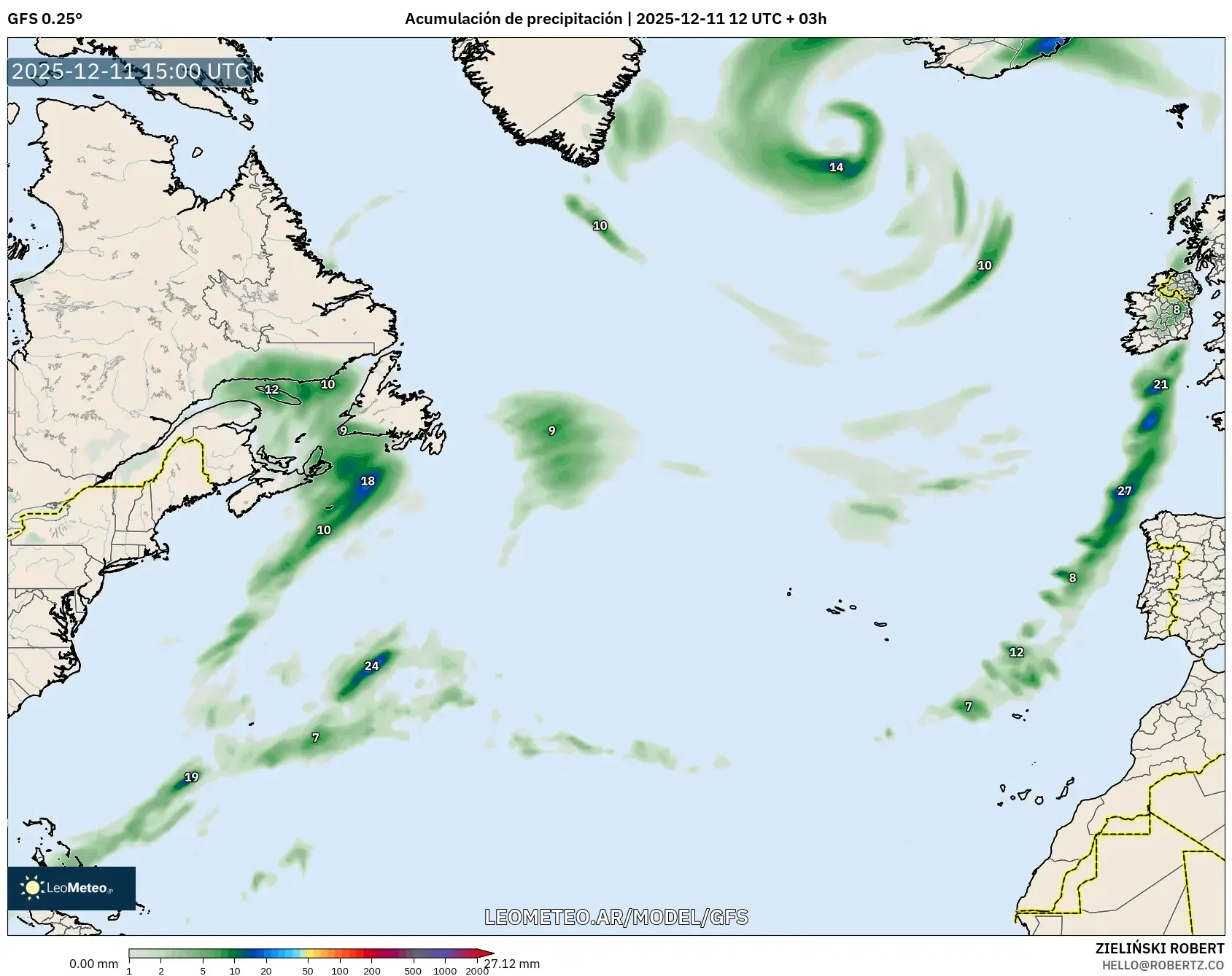 GFS model - Norte Atlántico, Acumulación de precipitación