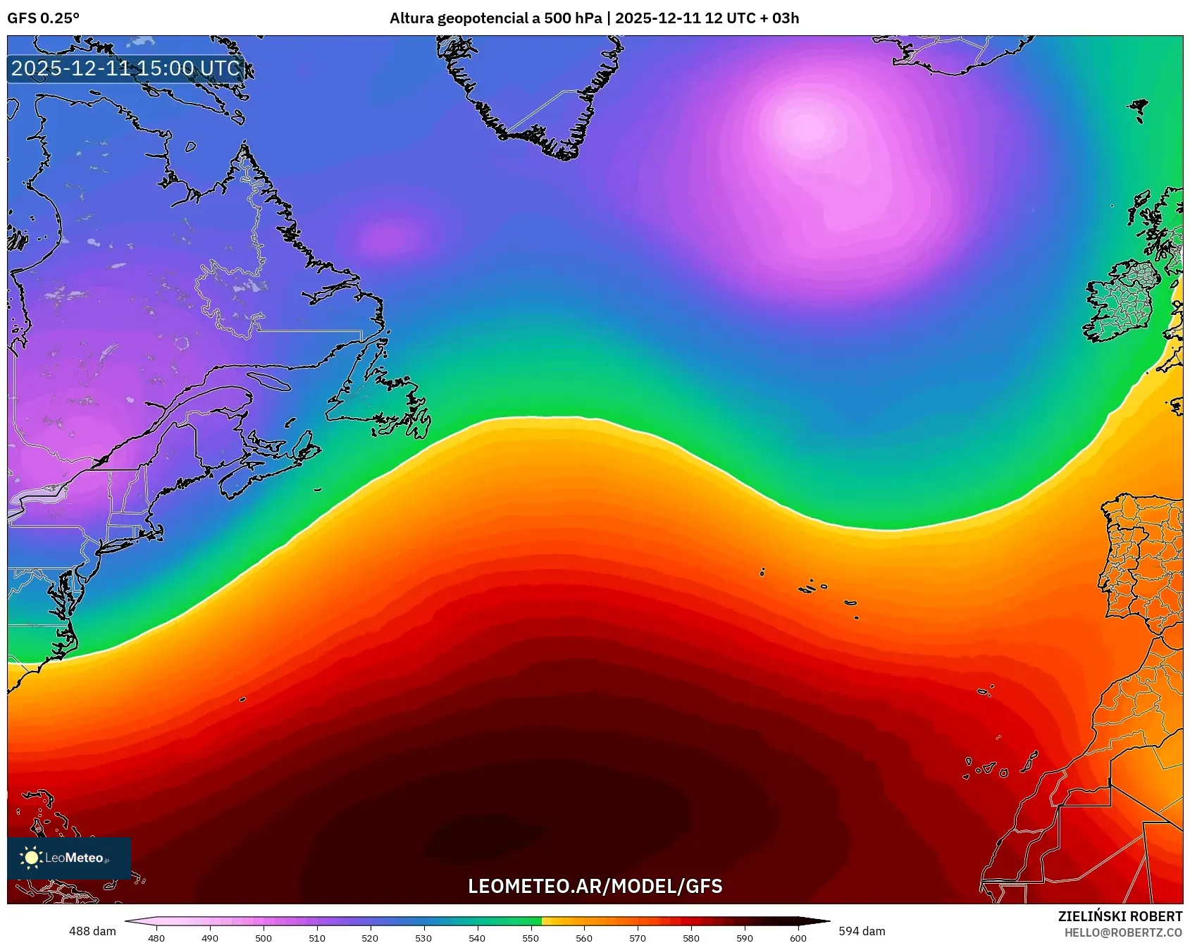 GFS model - Norte Atlántico, Altura geopotencial a 500 hPa
