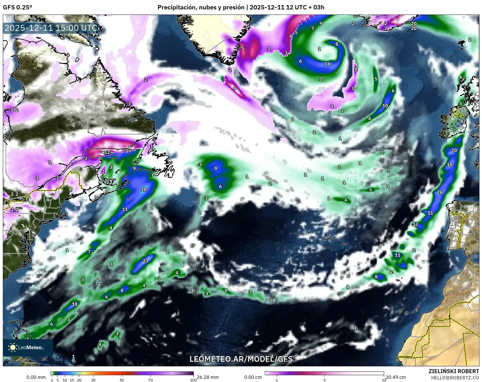 GFS model - Norte Atlántico, Precipitación, nubes y presión