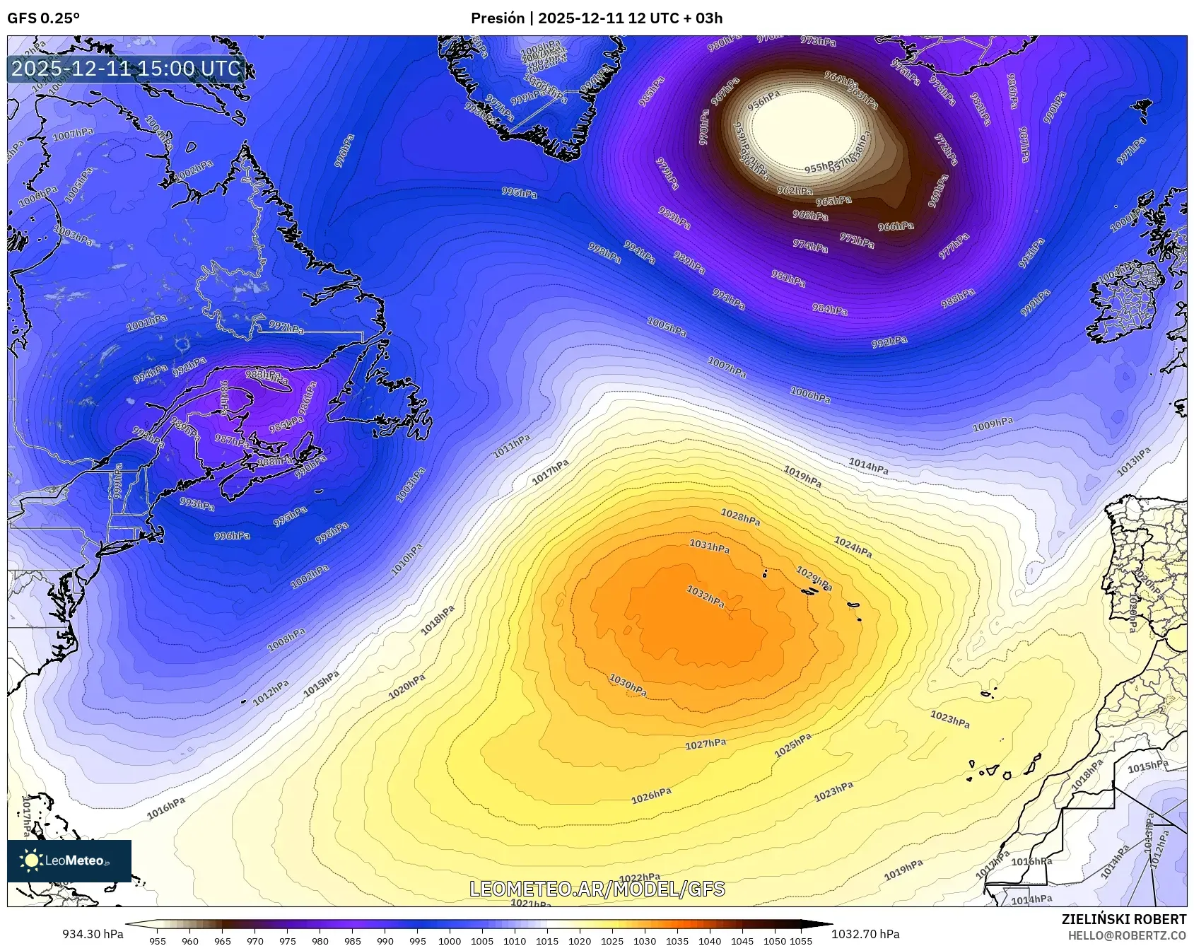 GFS model - Norte Atlántico, Presión