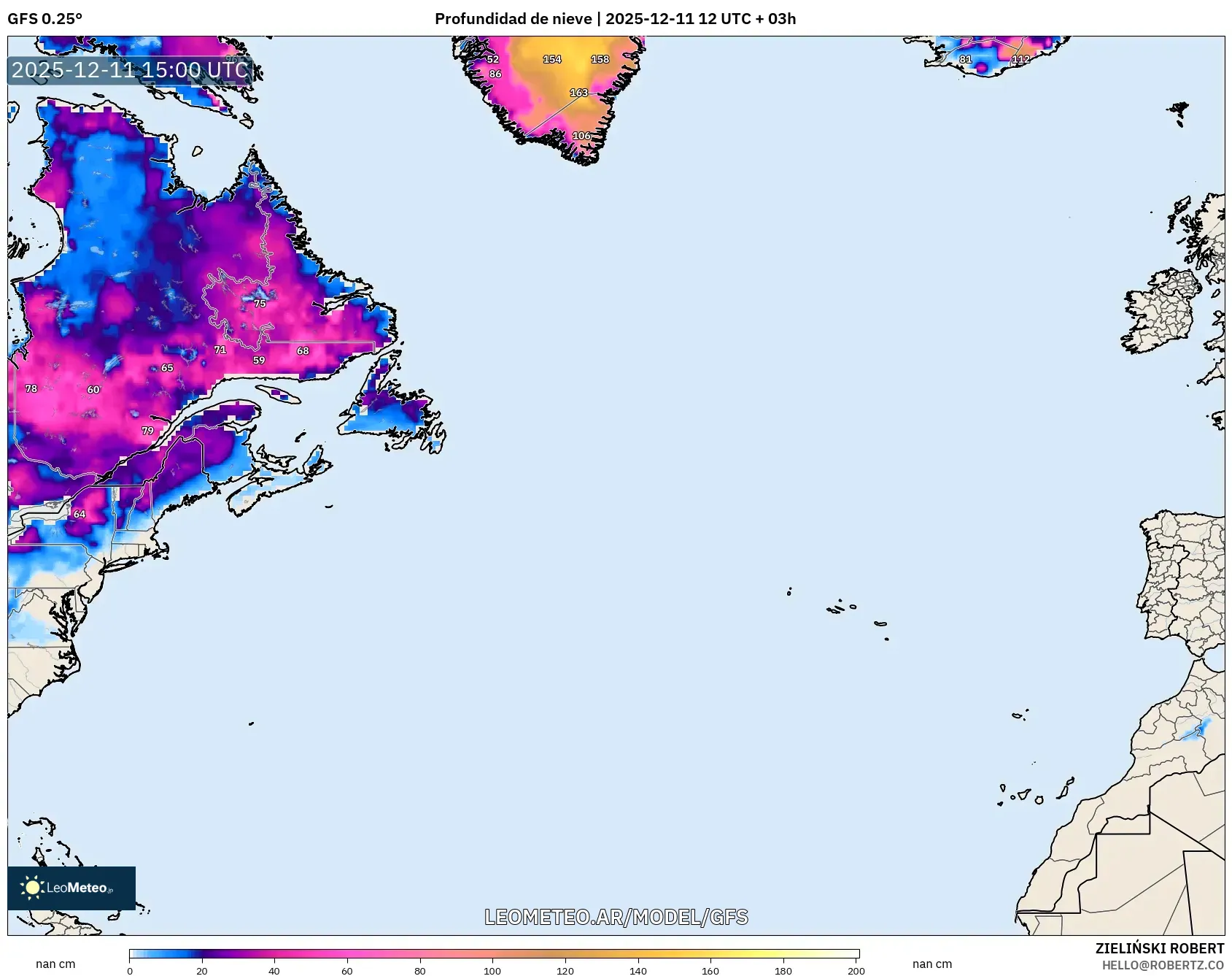 GFS model - Norte Atlántico, Profundidad de nieve