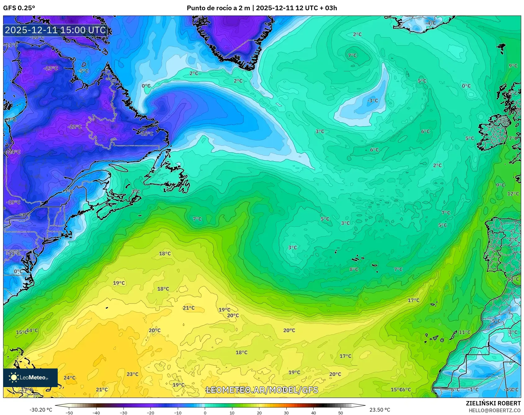 GFS model - Norte Atlántico, Punto de rocío a 2 m