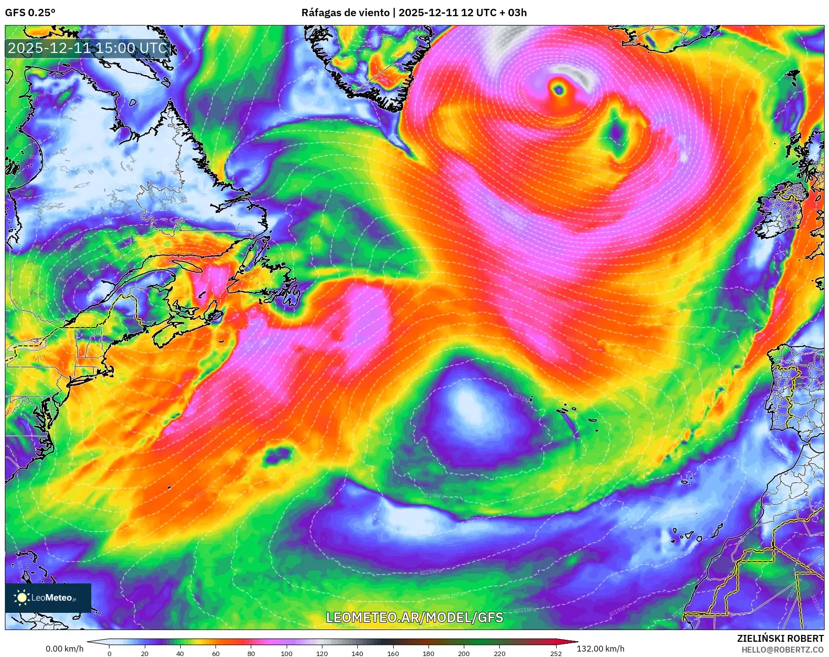 GFS model - Norte Atlántico, Ráfagas de viento