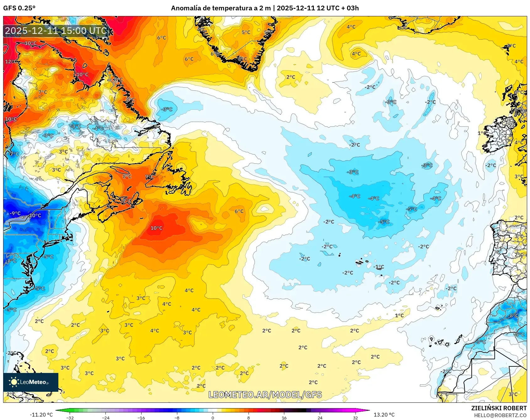 GFS model - Norte Atlántico, Anomalía de temperatura a 2 m