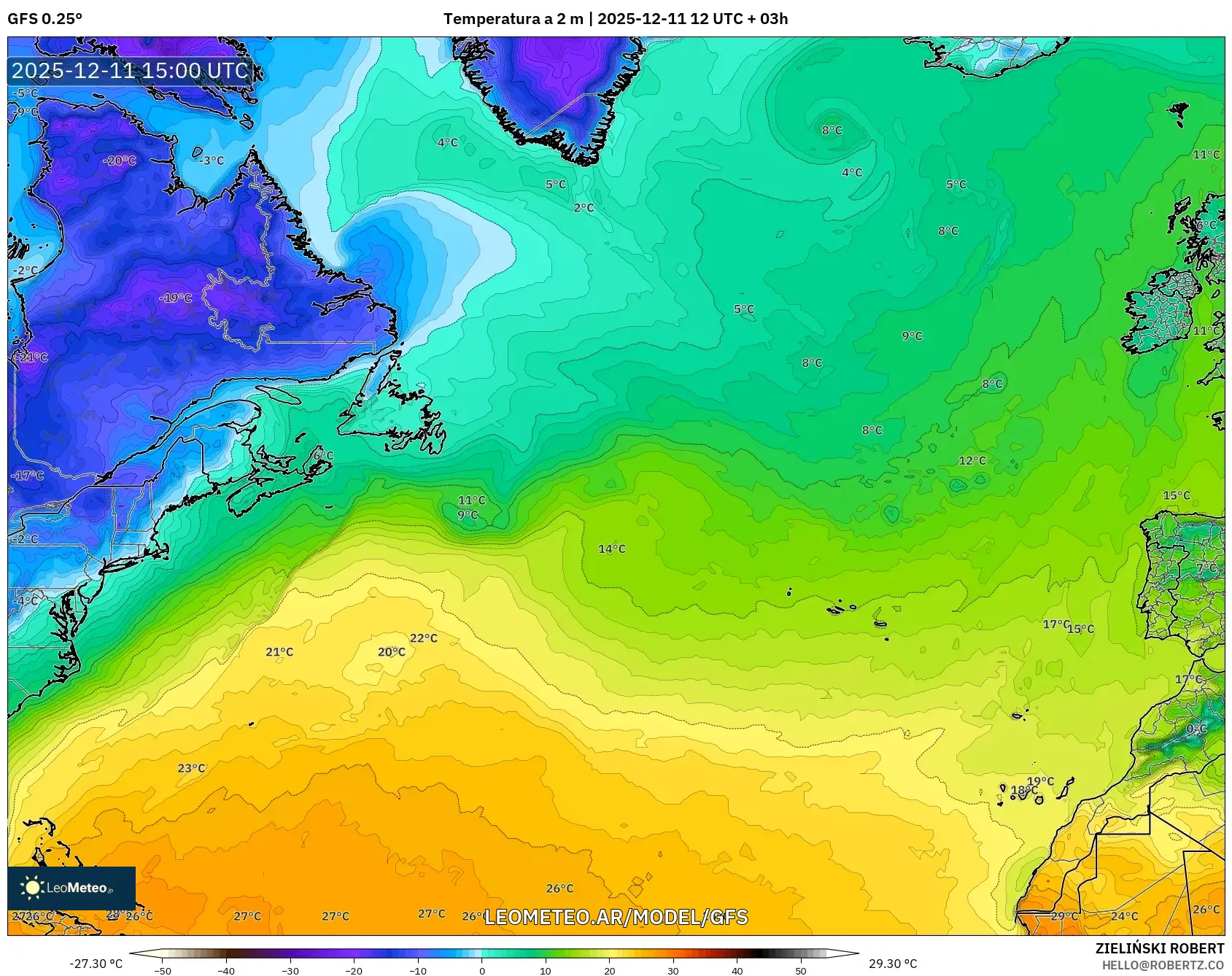 GFS model - Norte Atlántico, Temperatura a 2 m