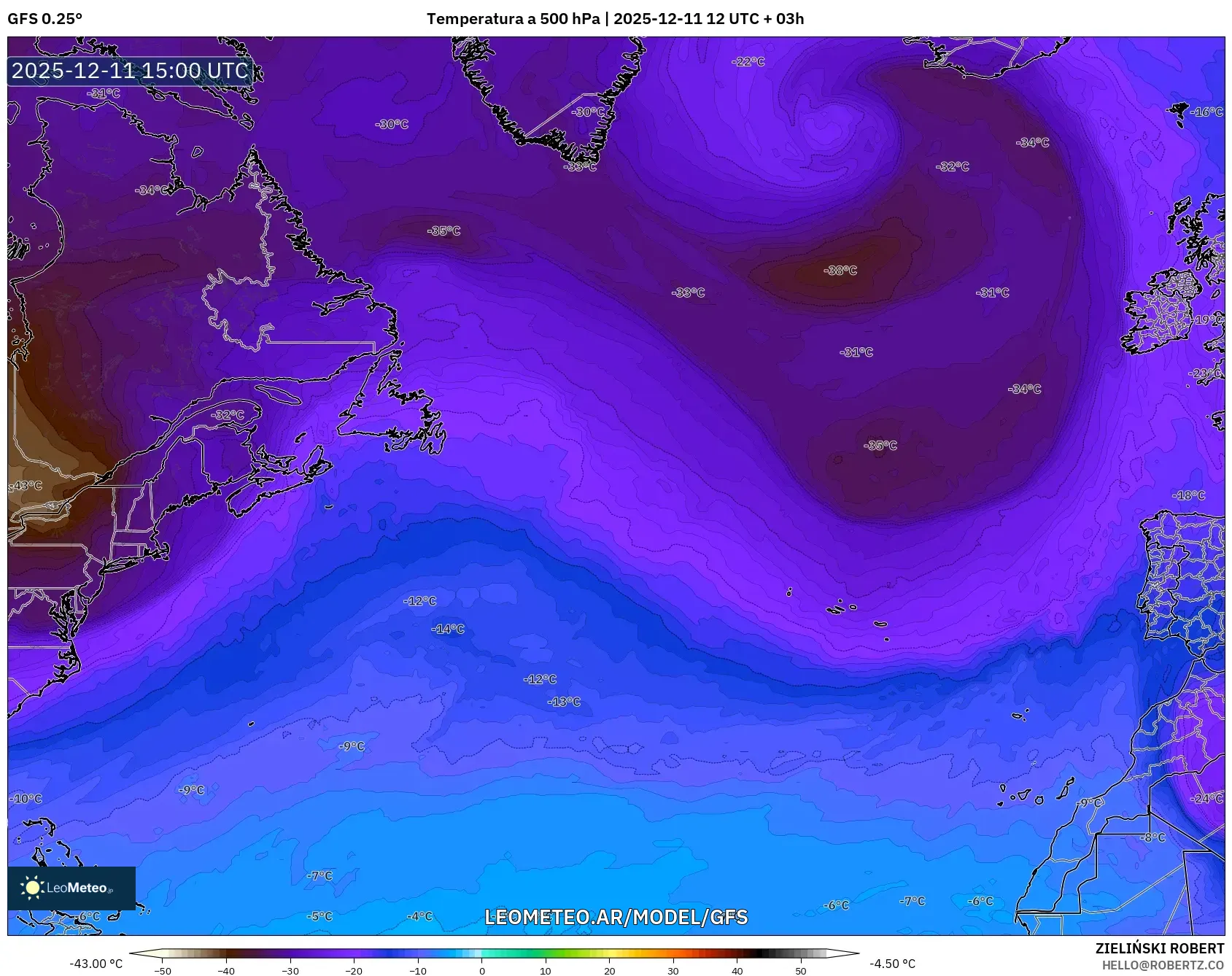 GFS model - Norte Atlántico, Temperatura a 500 hPa