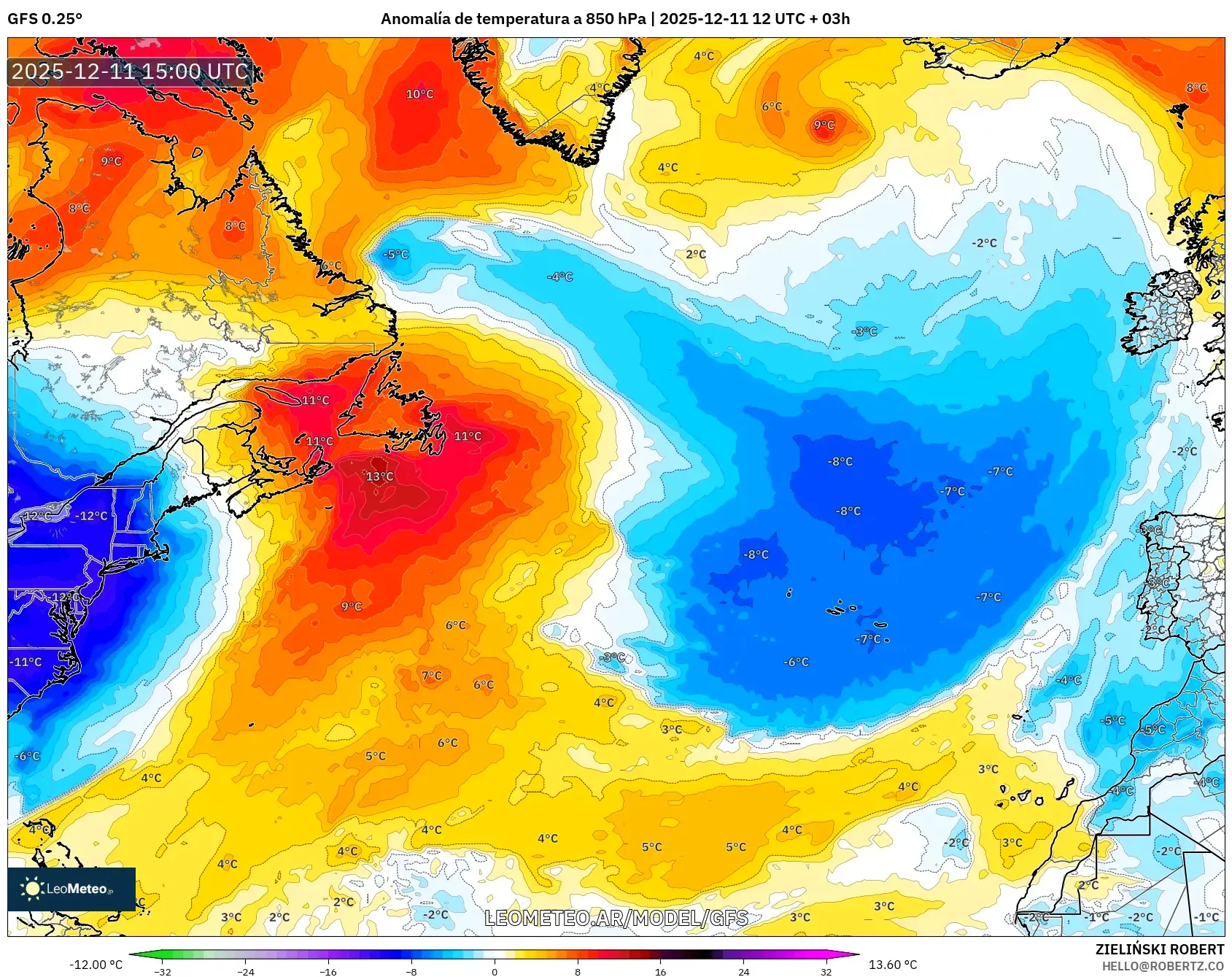GFS model - Norte Atlántico, Anomalía de temperatura a 850 hPa
