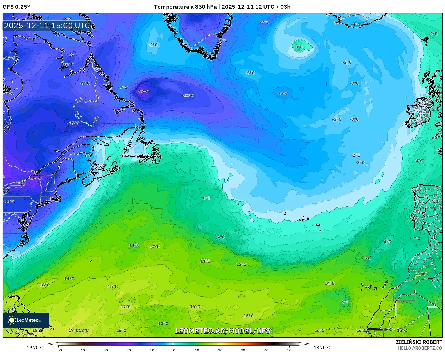 GFS model - Norte Atlántico, Temperatura a 850 hPa
