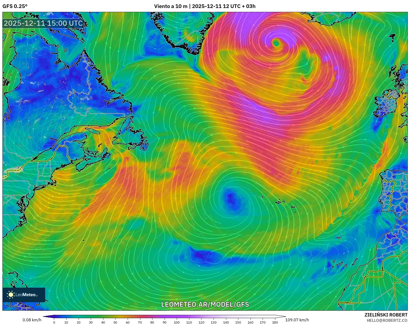 GFS model - Norte Atlántico, Viento a 10 m