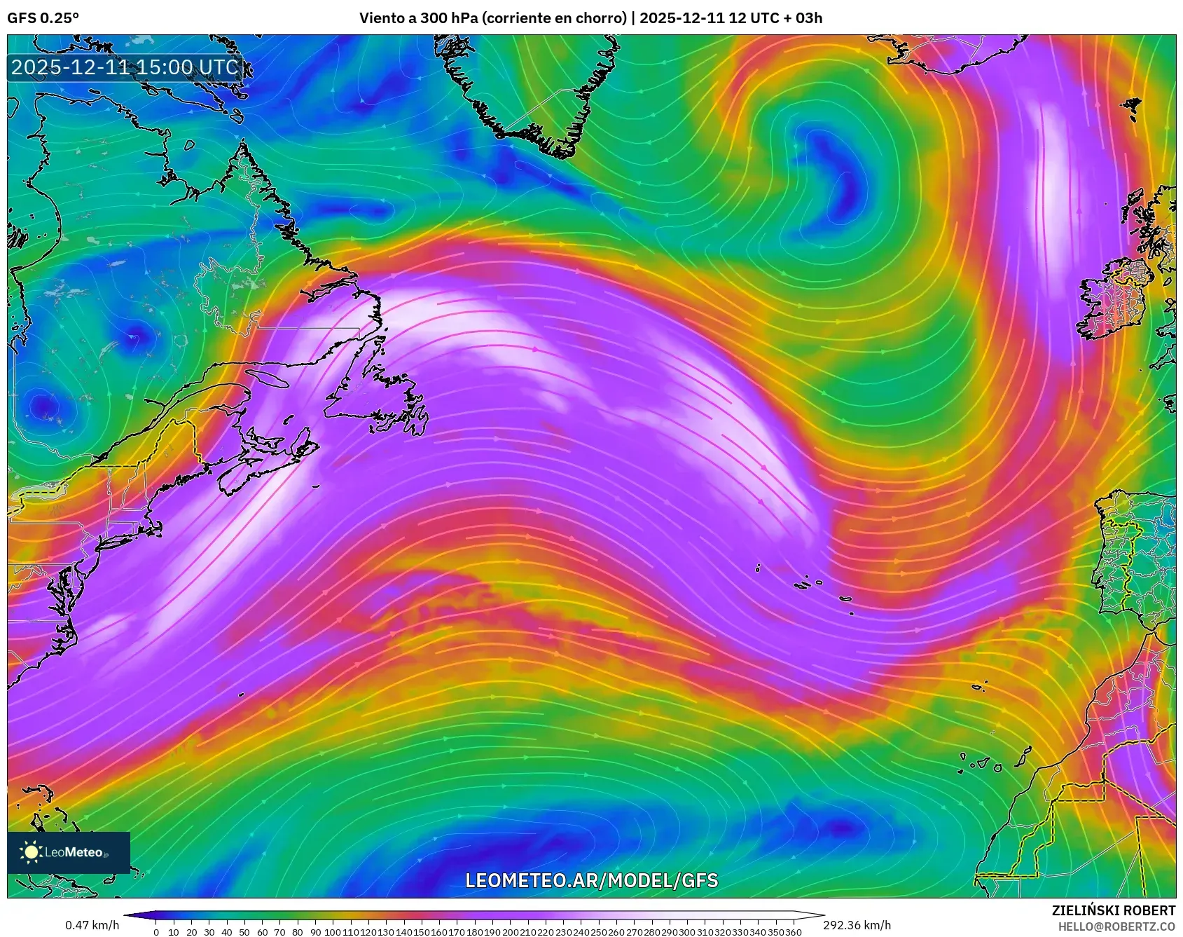GFS model - Norte Atlántico, Viento a 300 hPa (corriente en chorro)