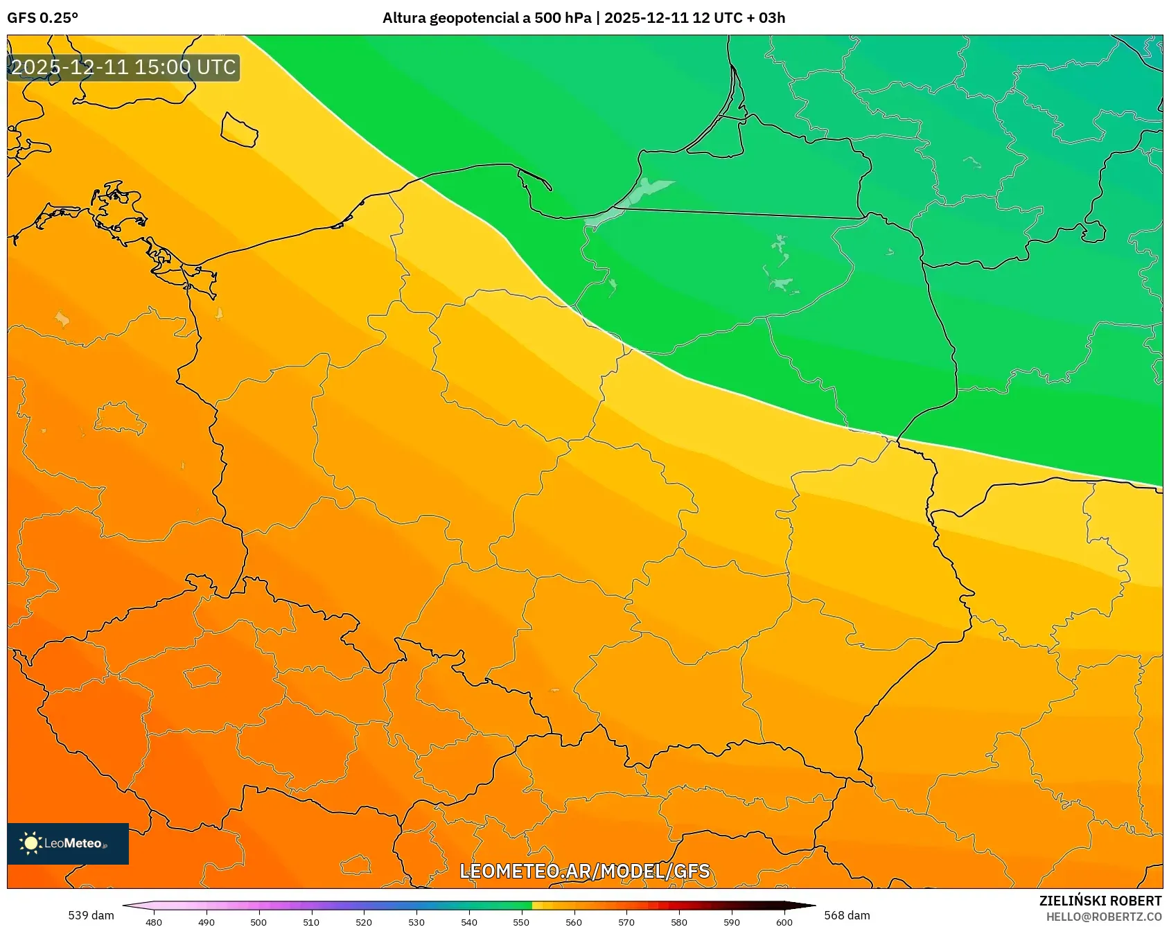 GFS model - Polonia, Altura geopotencial a 500 hPa
