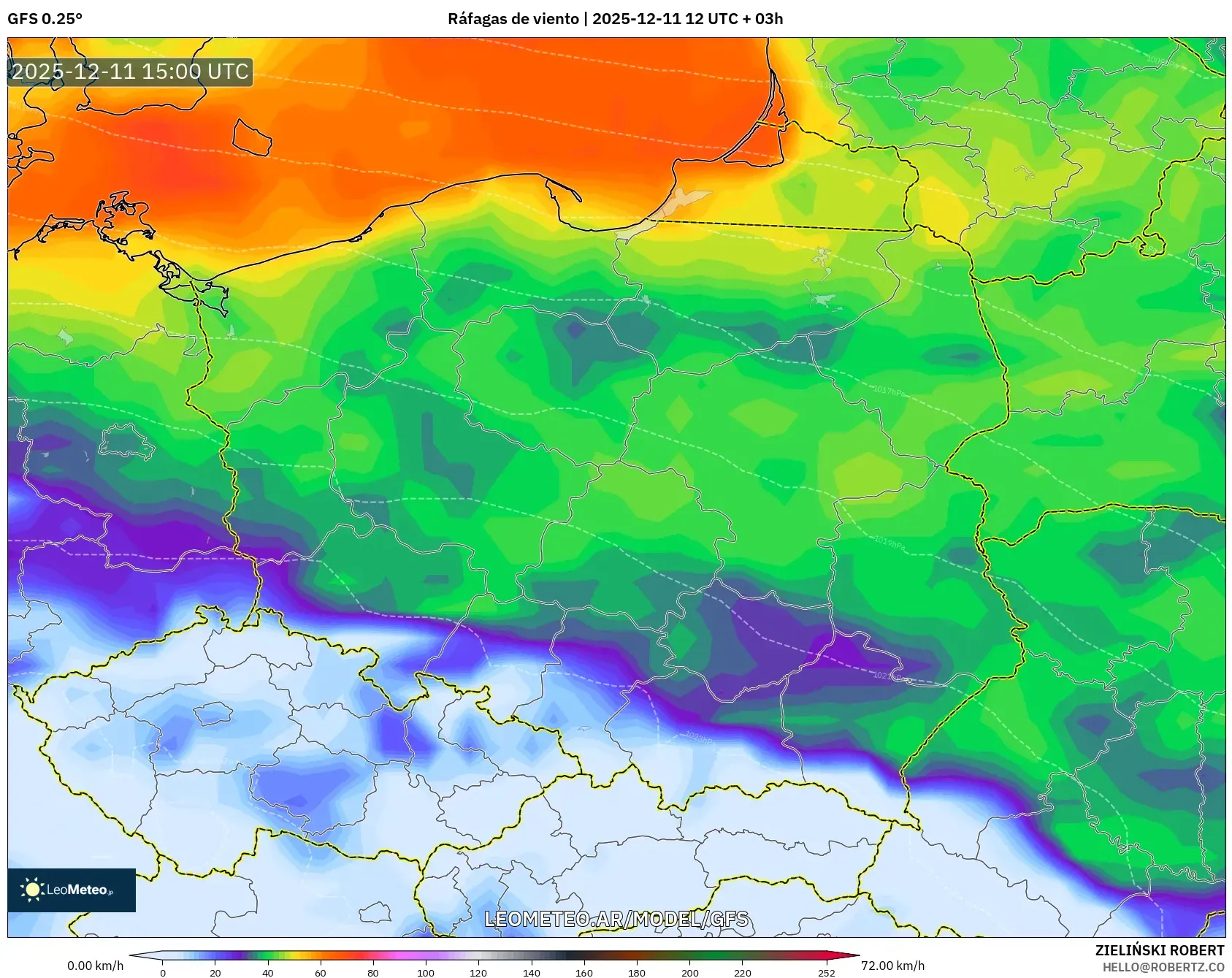 GFS model - Polonia, Ráfagas de viento
