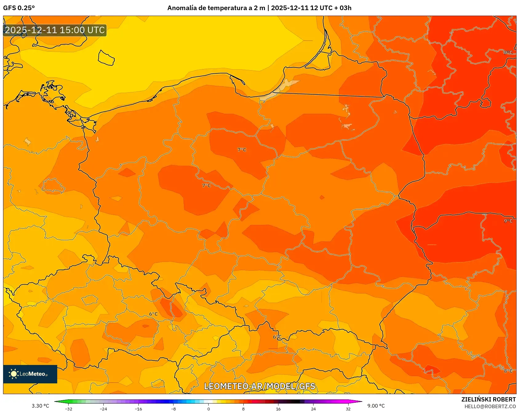 GFS model - Polonia, Anomalía de temperatura a 2 m
