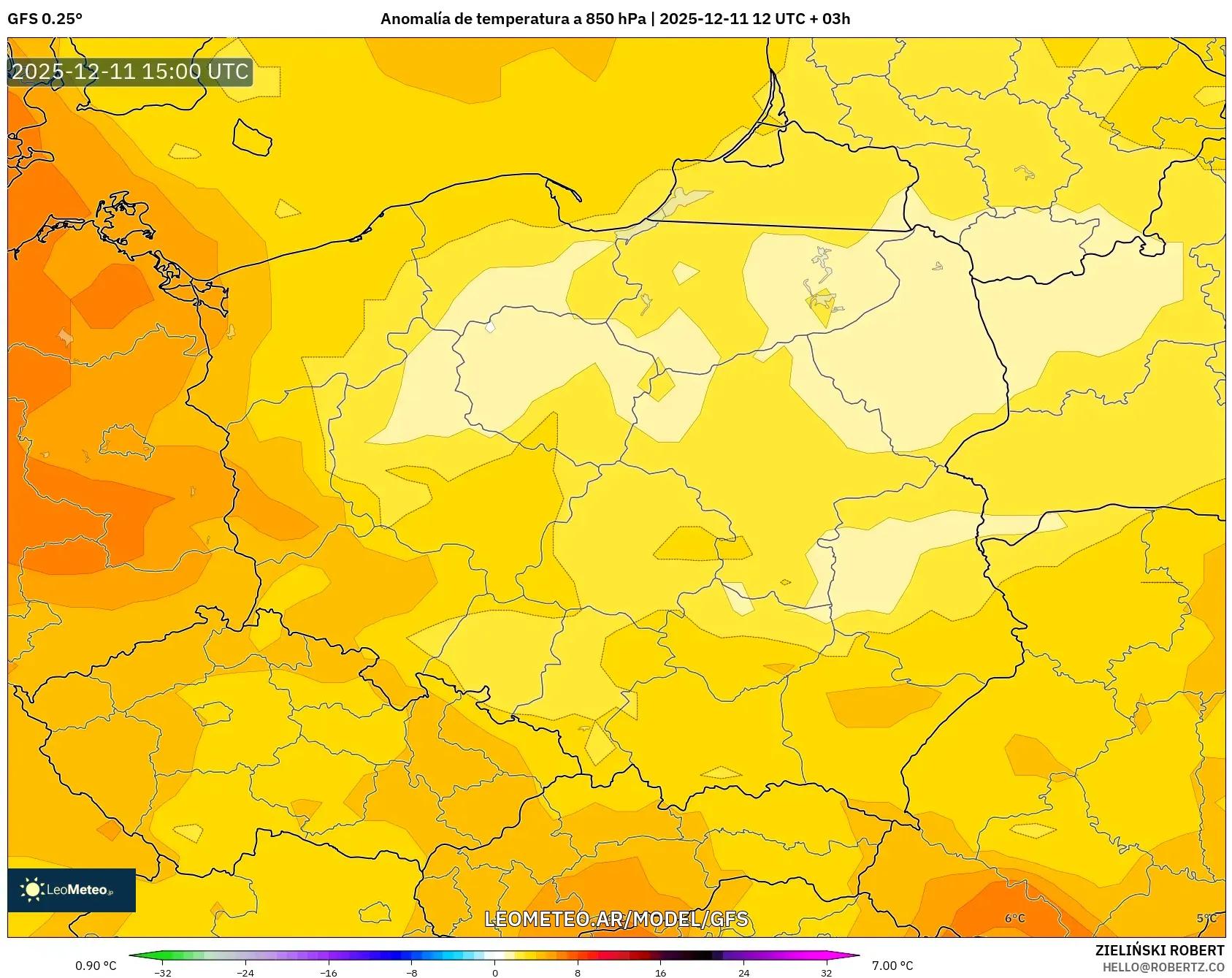 GFS model - Polonia, Anomalía de temperatura a 850 hPa