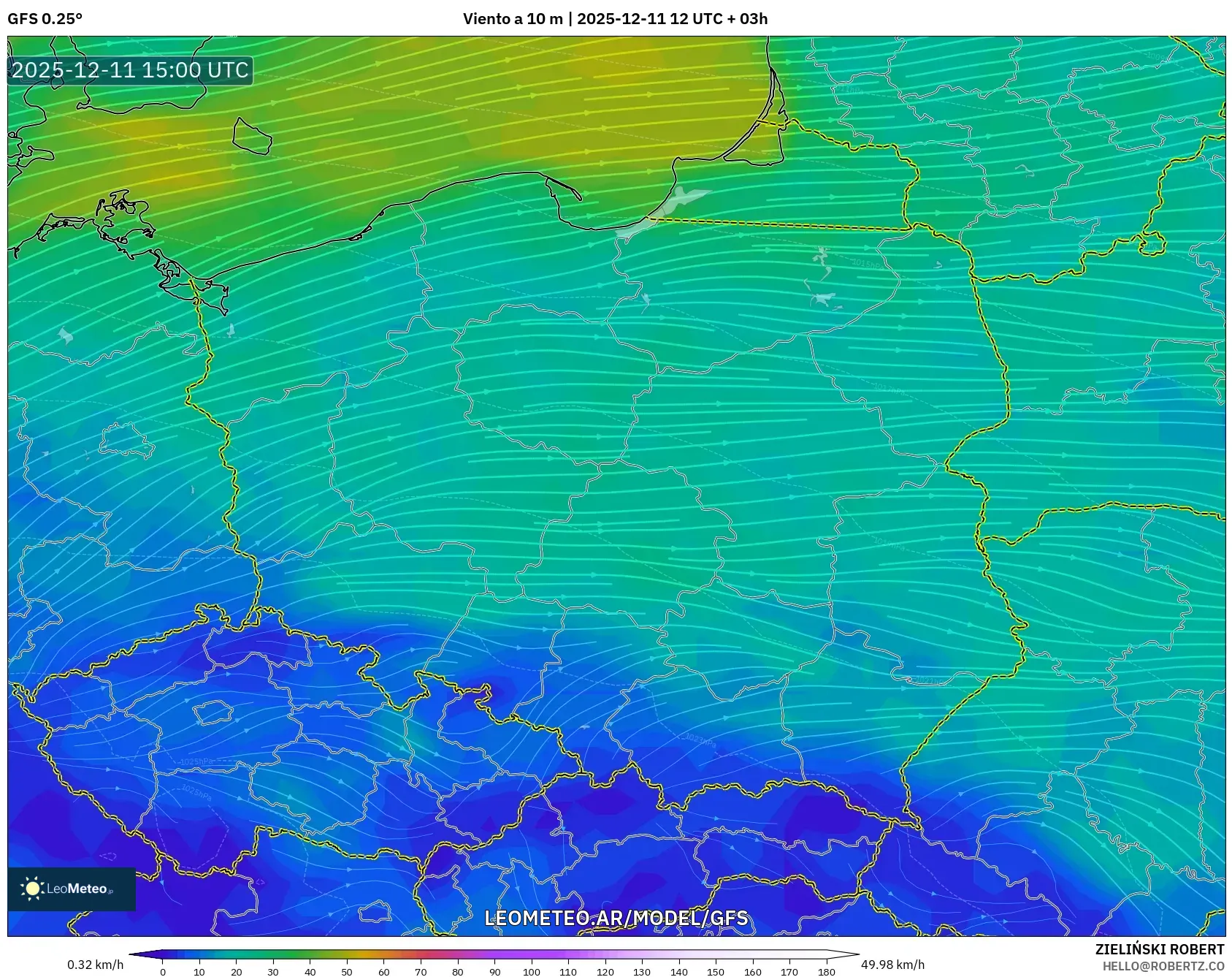 GFS model - Polonia, Viento a 10 m