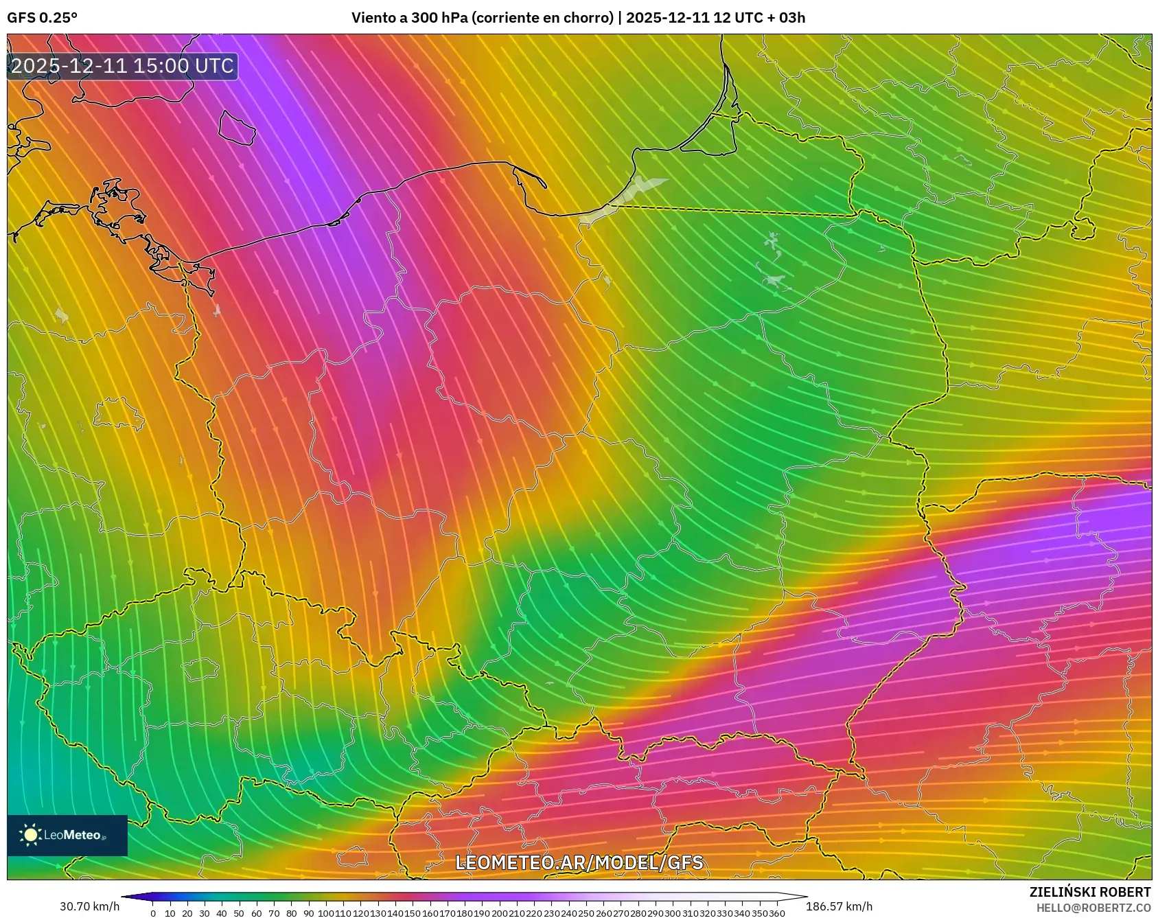 GFS model - Polonia, Viento a 300 hPa (corriente en chorro)