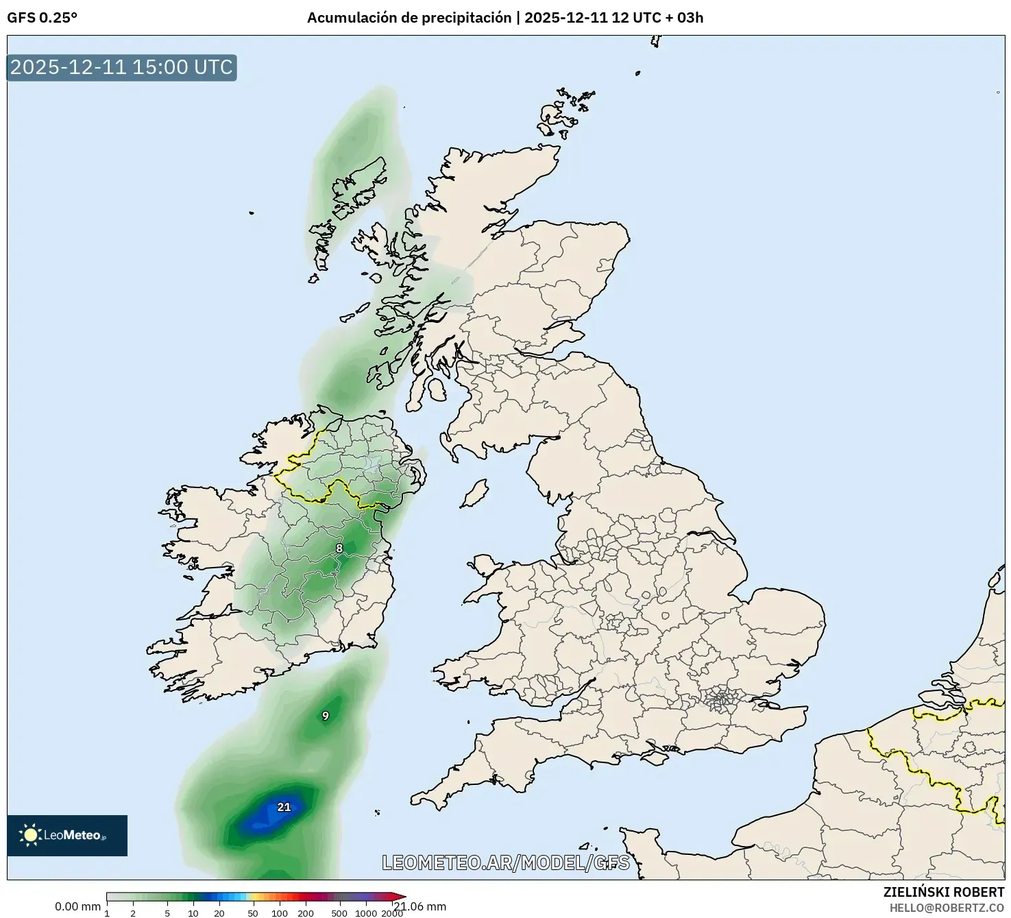 GFS model - Reino Unido, Acumulación de precipitación