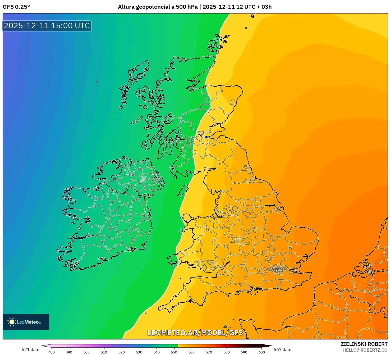 GFS model - Reino Unido, Altura geopotencial a 500 hPa