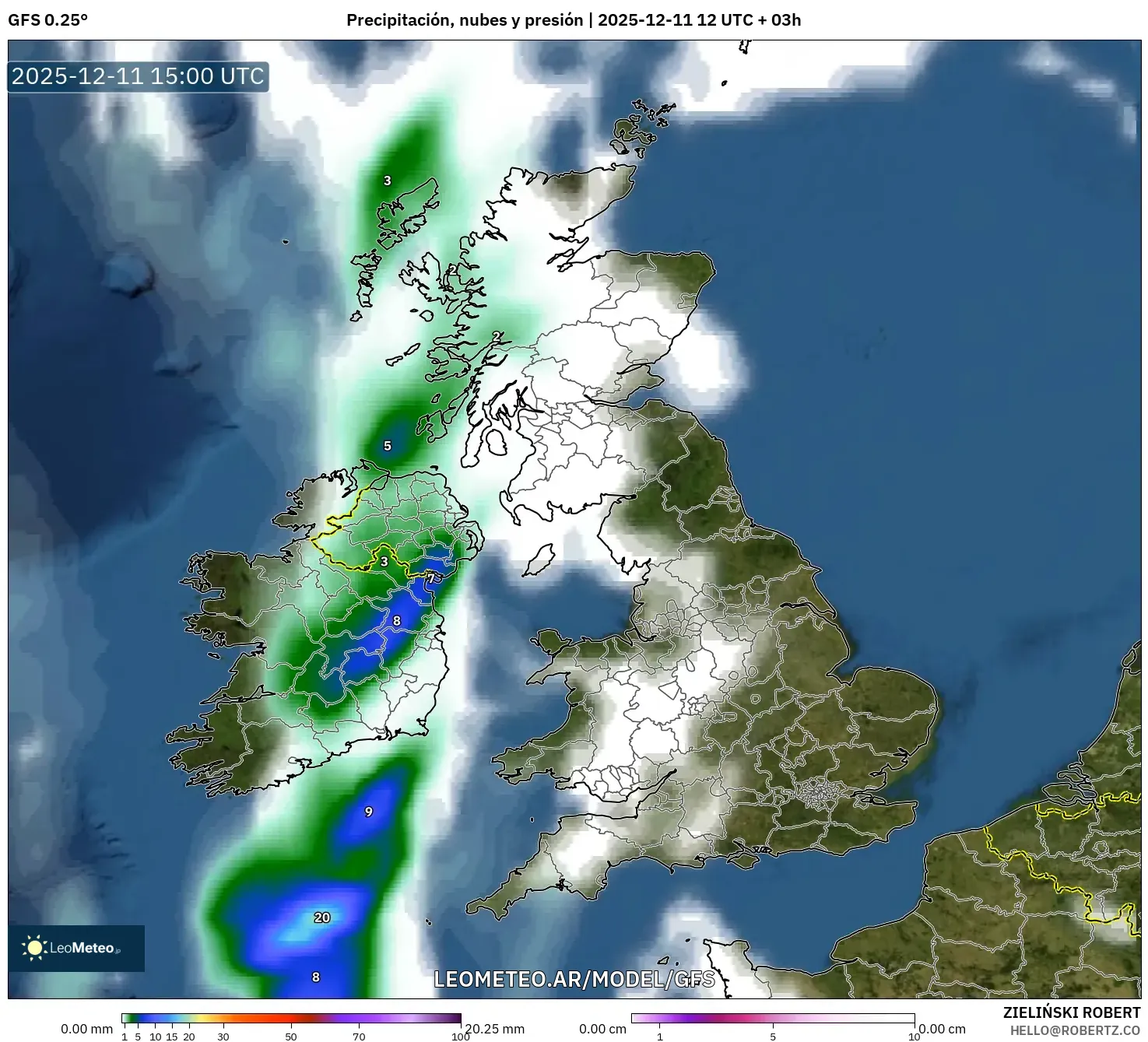 GFS model - Reino Unido, Precipitación, nubes y presión