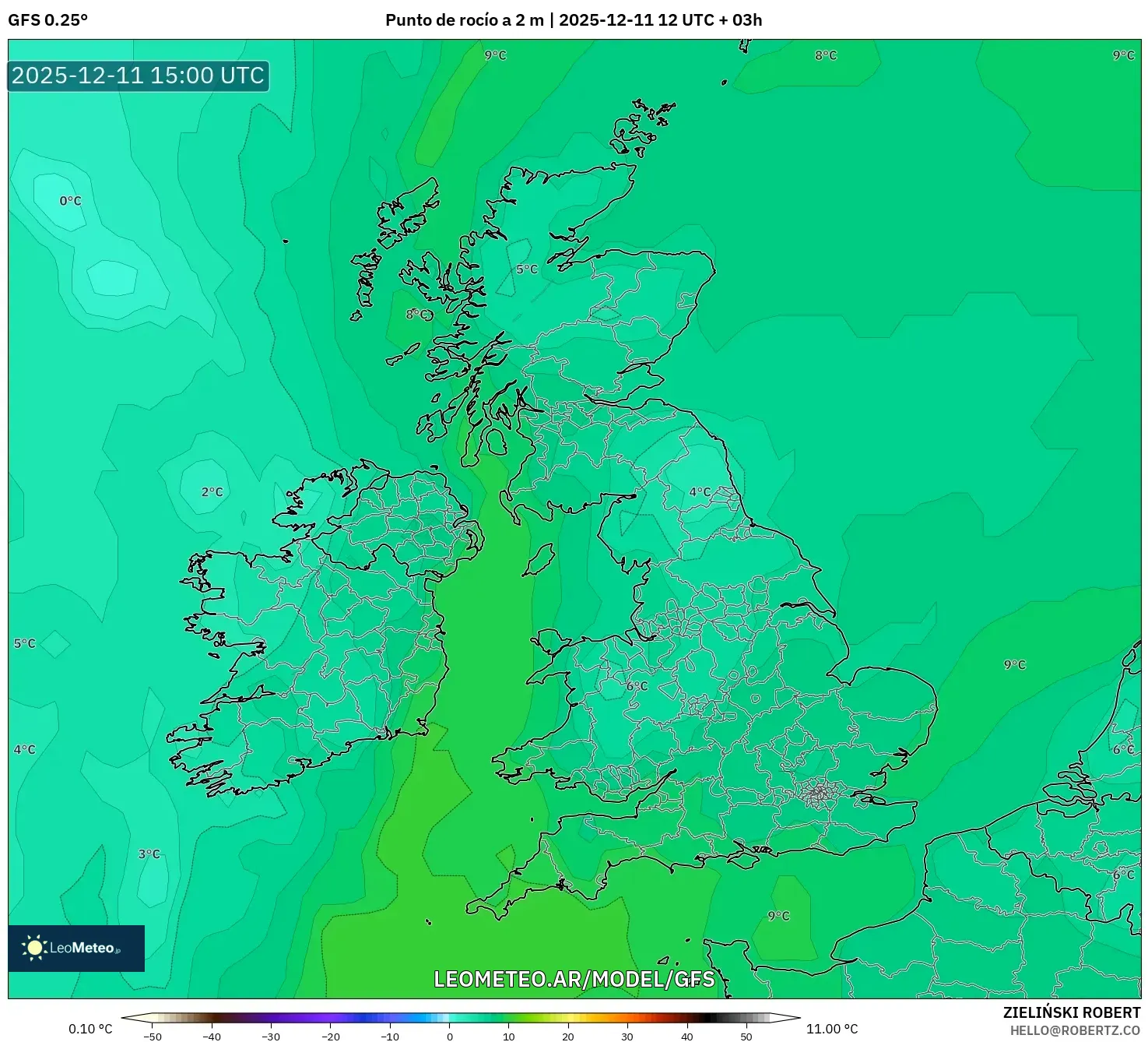 GFS model - Reino Unido, Punto de rocío a 2 m