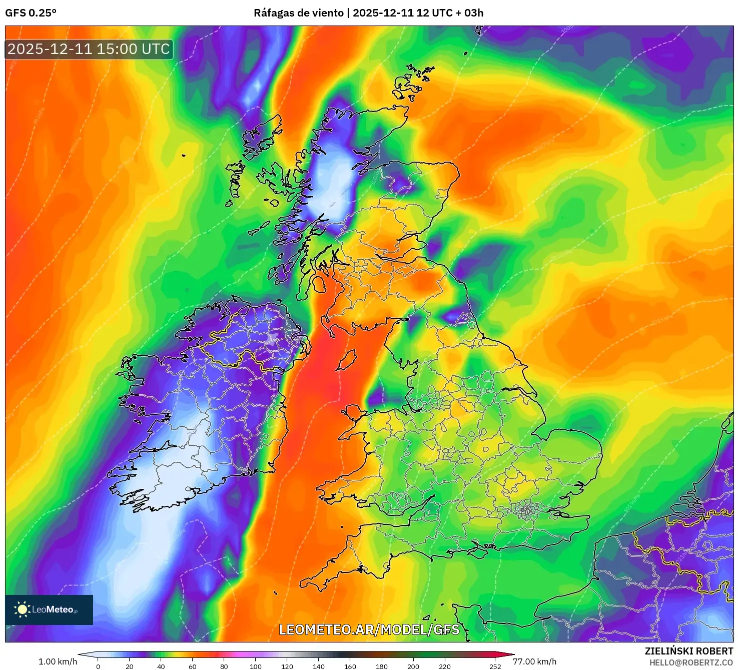 GFS model - Reino Unido, Ráfagas de viento