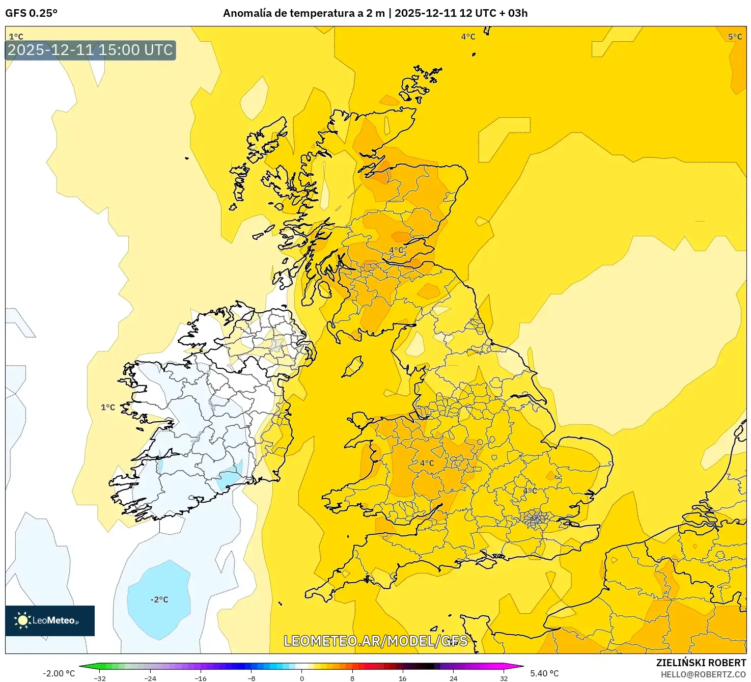 GFS model - Reino Unido, Anomalía de temperatura a 2 m