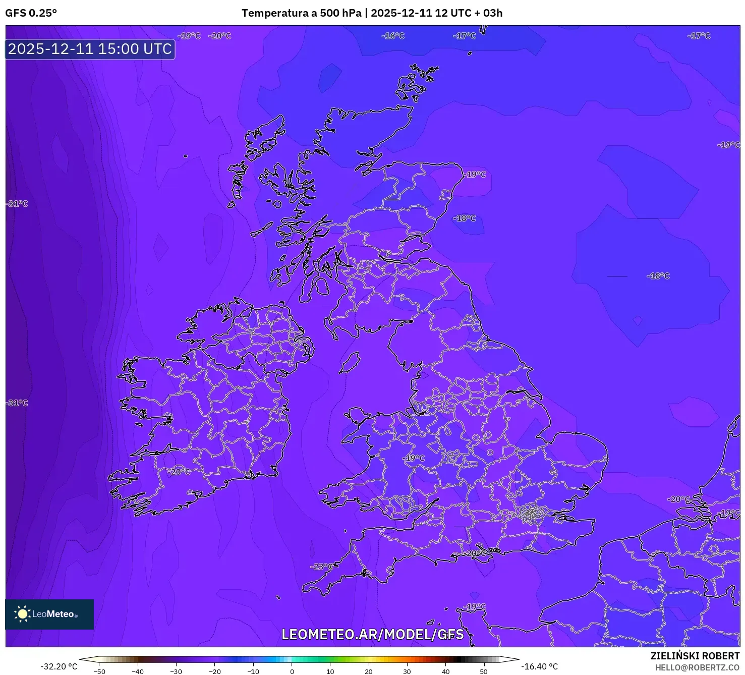 GFS model - Reino Unido, Temperatura a 500 hPa