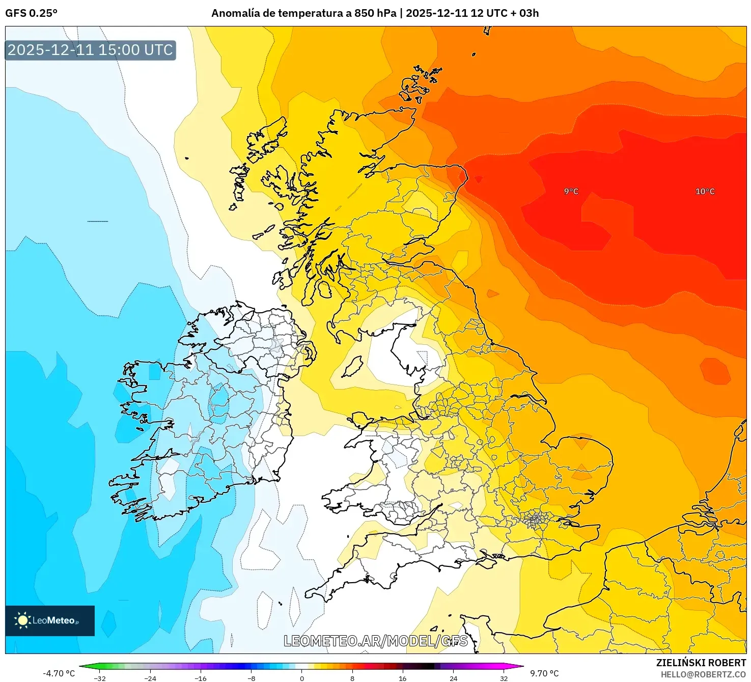 GFS model - Reino Unido, Anomalía de temperatura a 850 hPa