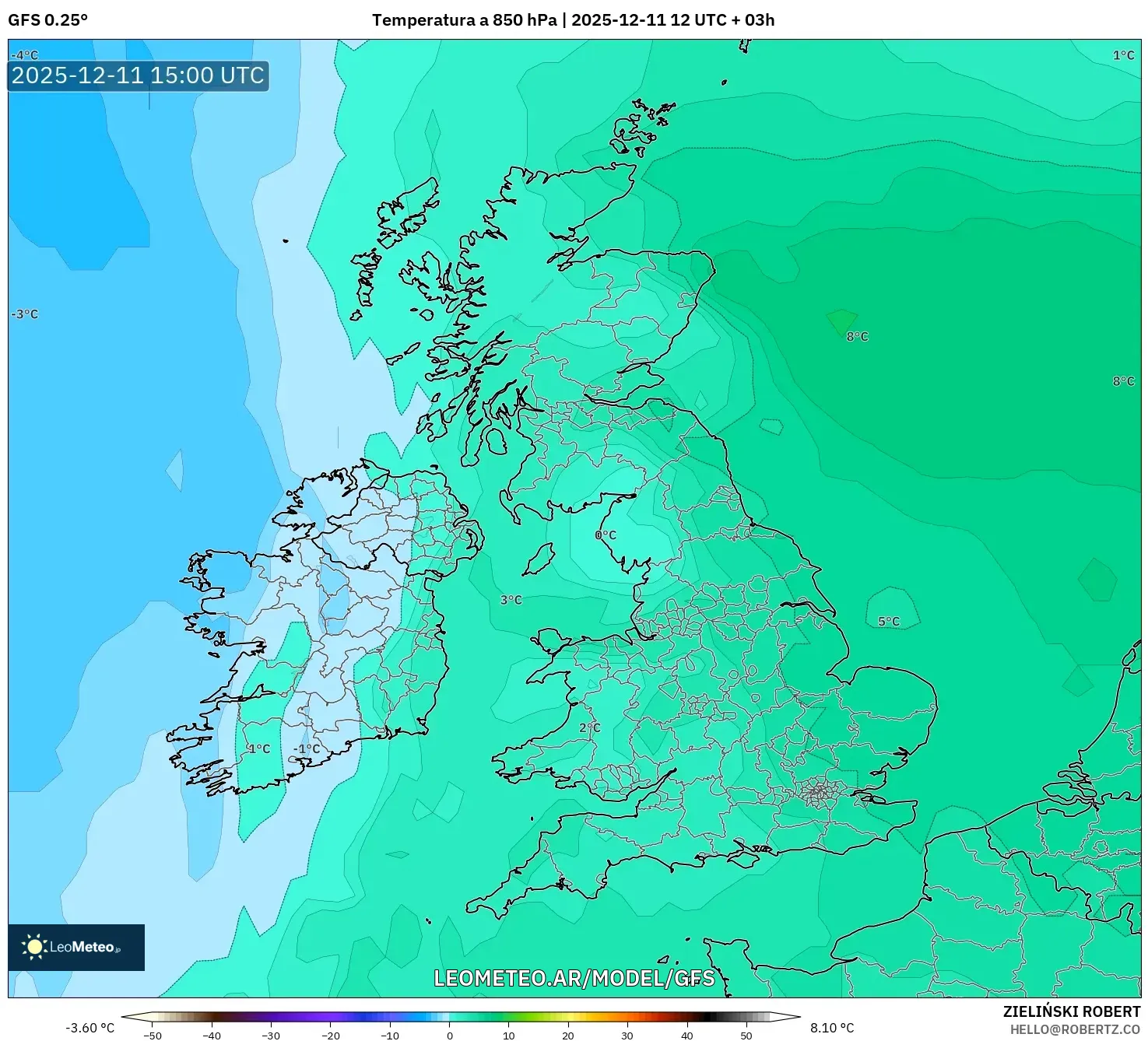 GFS model - Reino Unido, Temperatura a 850 hPa