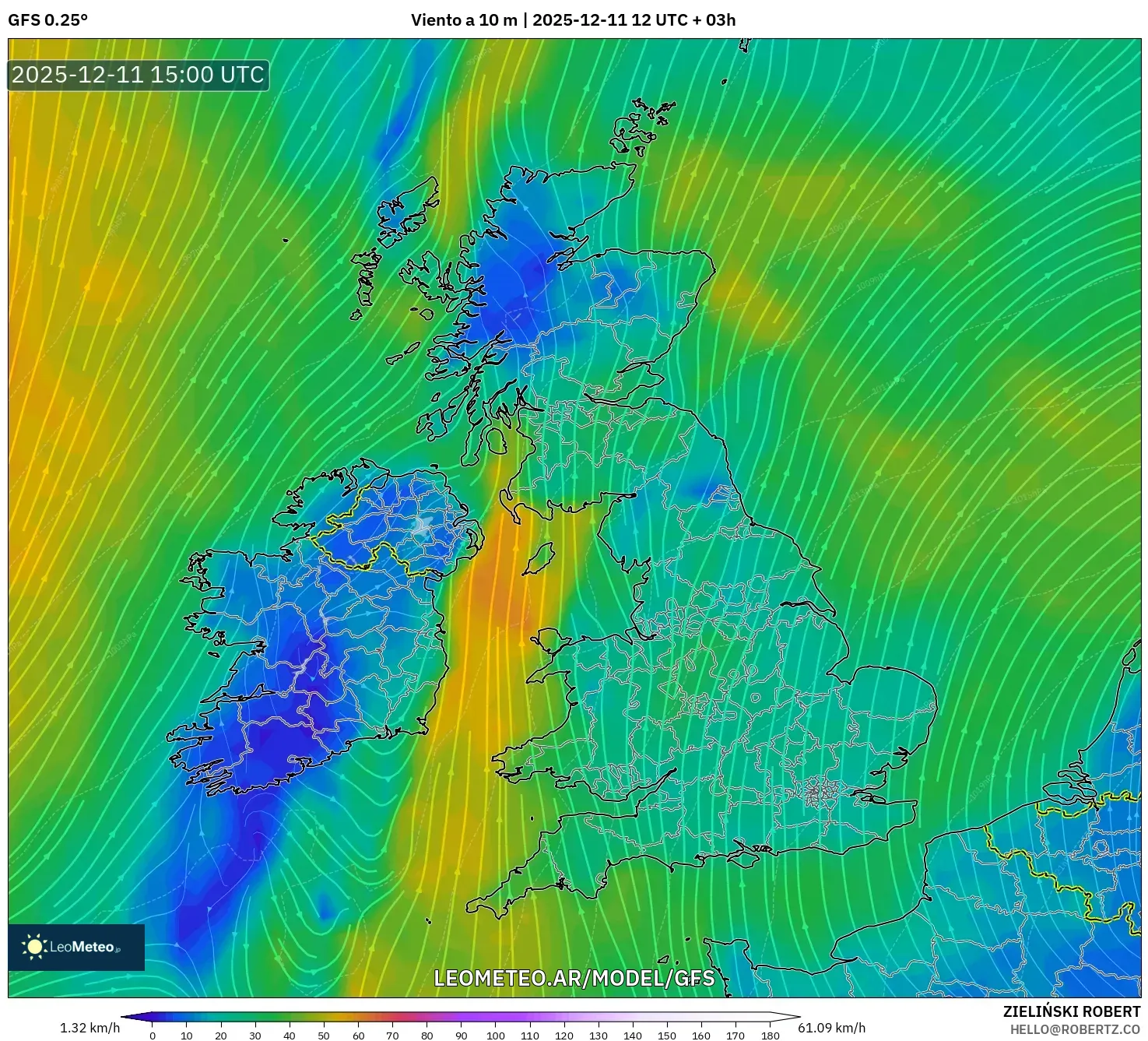GFS model - Reino Unido, Viento a 10 m