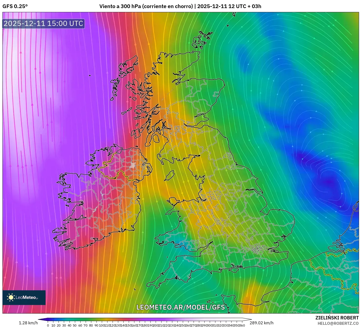 GFS model - Reino Unido, Viento a 300 hPa (corriente en chorro)