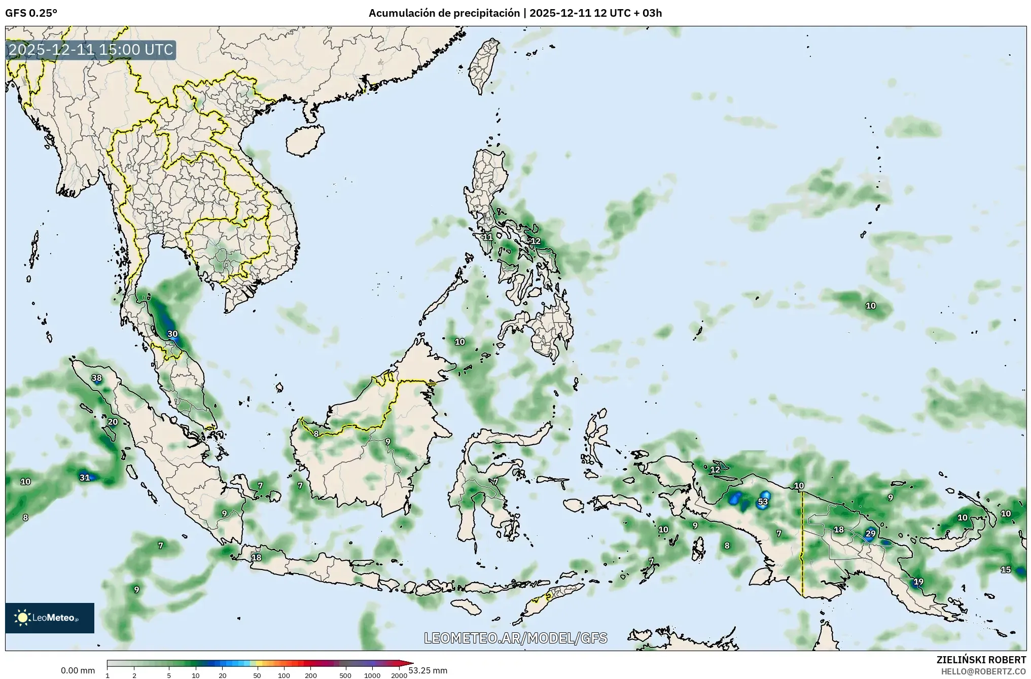 GFS model - Sudeste Asiático, Acumulación de precipitación