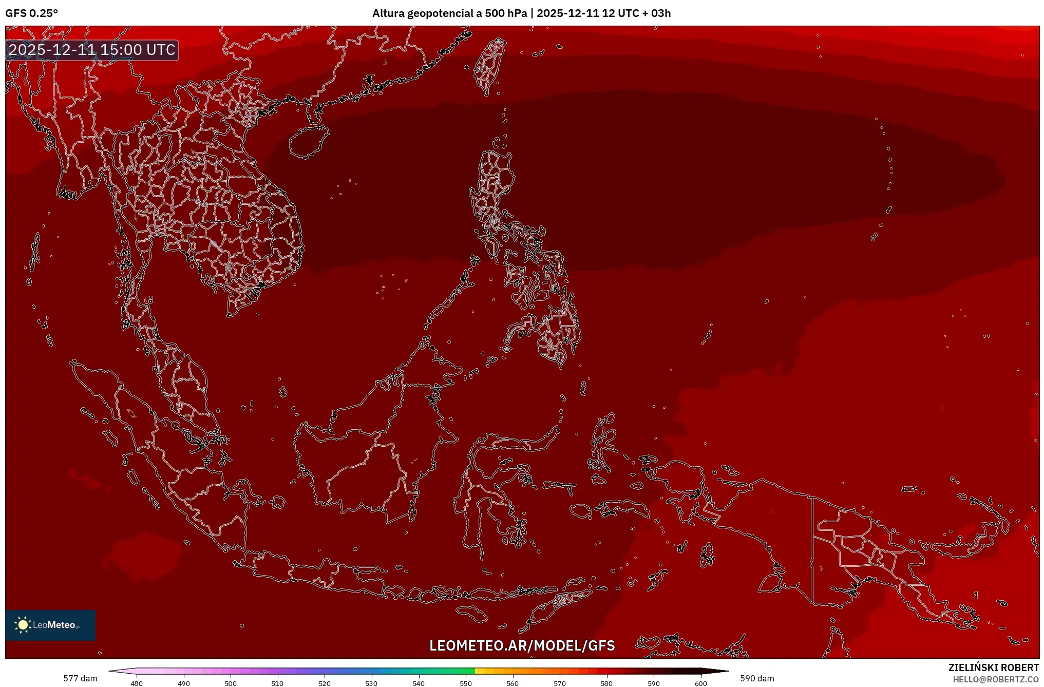 GFS model - Sudeste Asiático, Altura geopotencial a 500 hPa